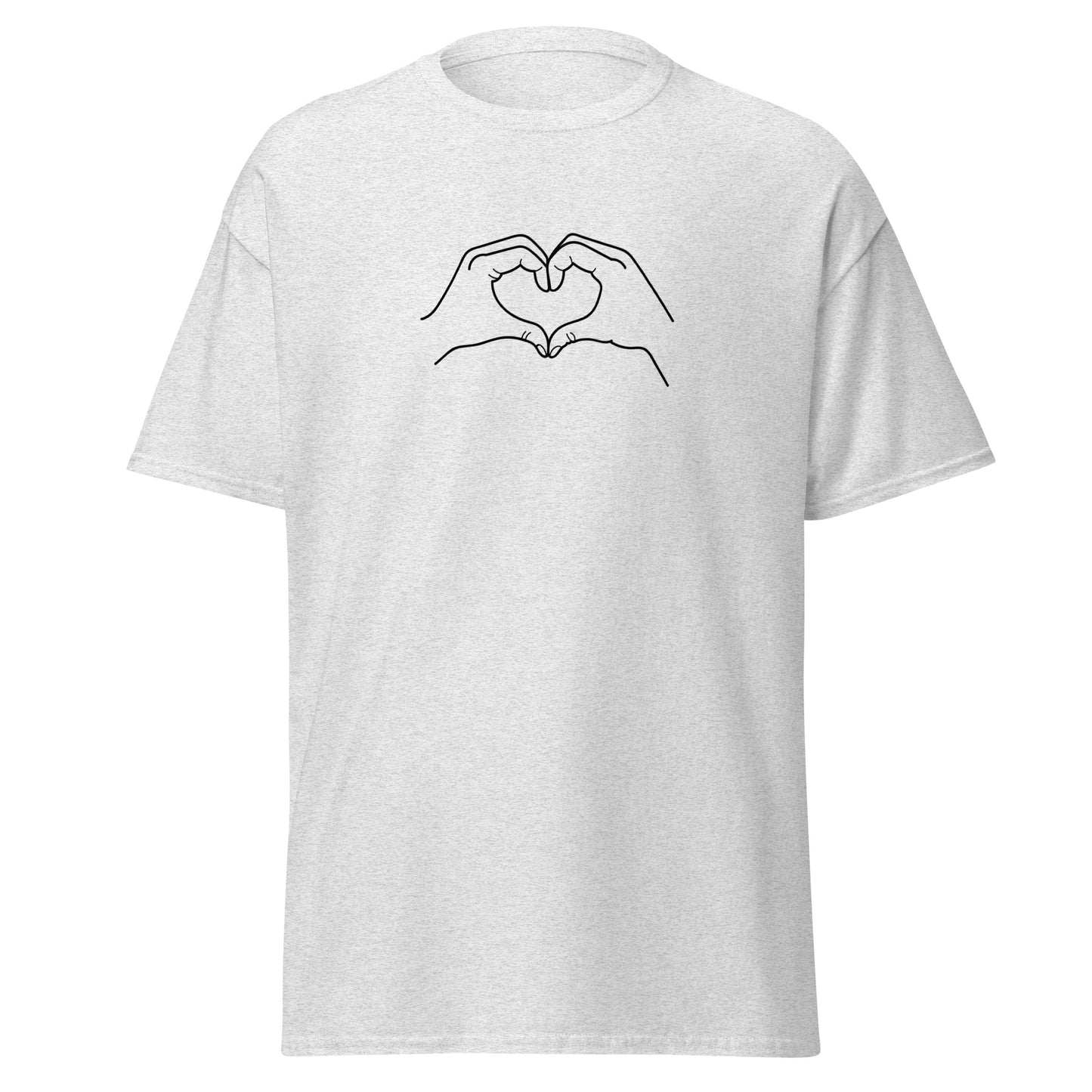 Unisex classic tee with heart hands graphic, minimalist design, sustainable cotton, trendy streetwear fashion statement piece.