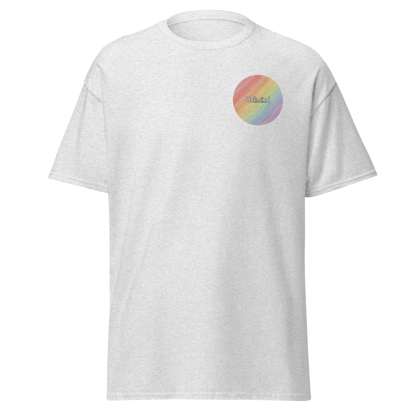 Unisex classic tee with rainbow design, 100% cotton, perfect for trendy streetwear and sustainable fashion enthusiasts.