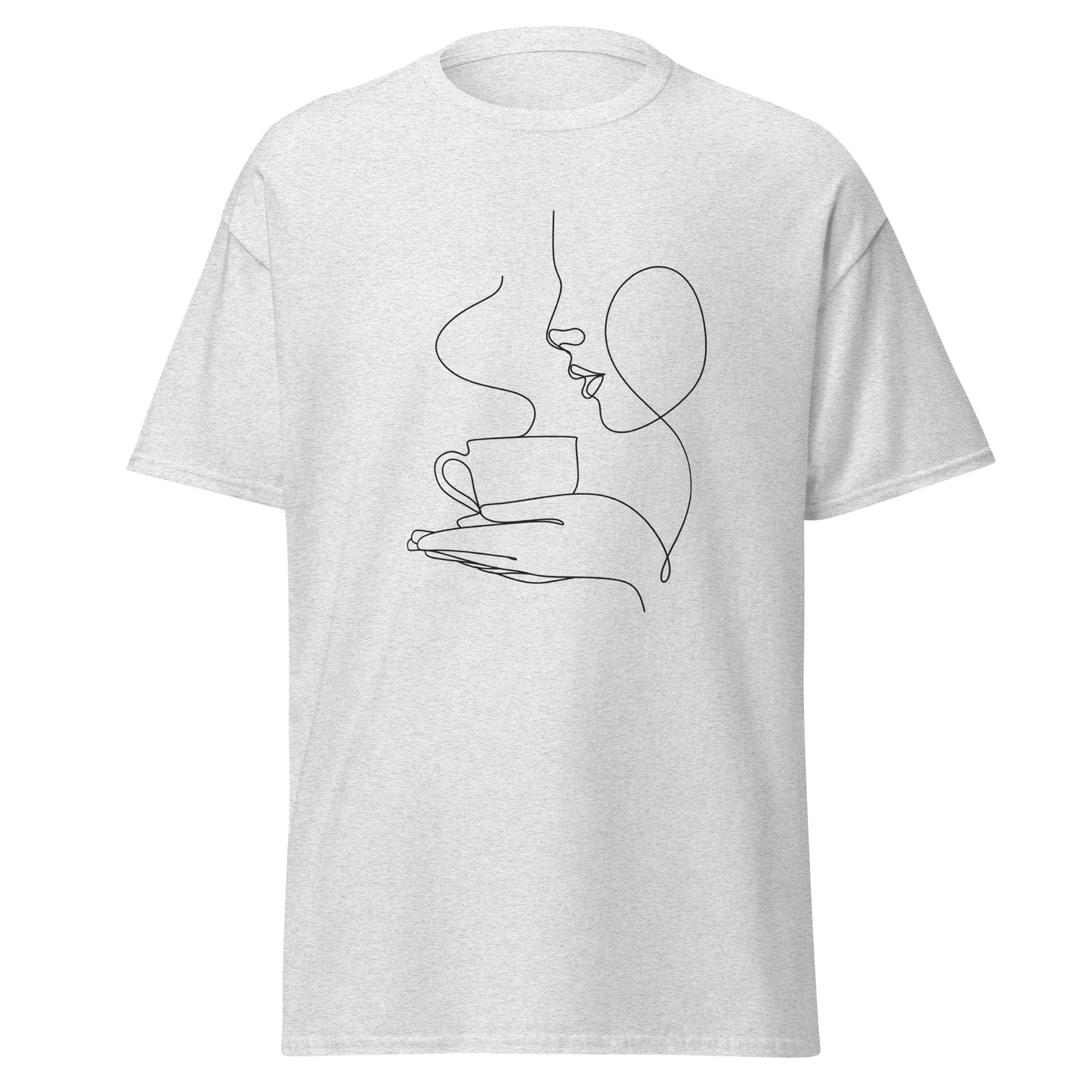 Unisex classic tee with minimalist coffee art print, 100% cotton, trendy streetwear fashion, eco-friendly, perfect for gift ideas.