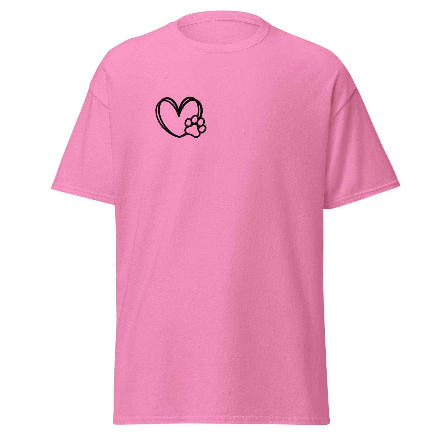 Pink unisex classic tee with heart and paw print graphic, 100% cotton, perfect for trendy streetwear and eco-conscious fashion lovers.