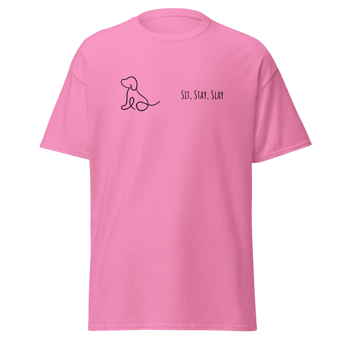 Pink unisex classic tee with dog graphic and "Sit, Stay, Slay" text, perfect for trendy casual wear and streetwear outfits.