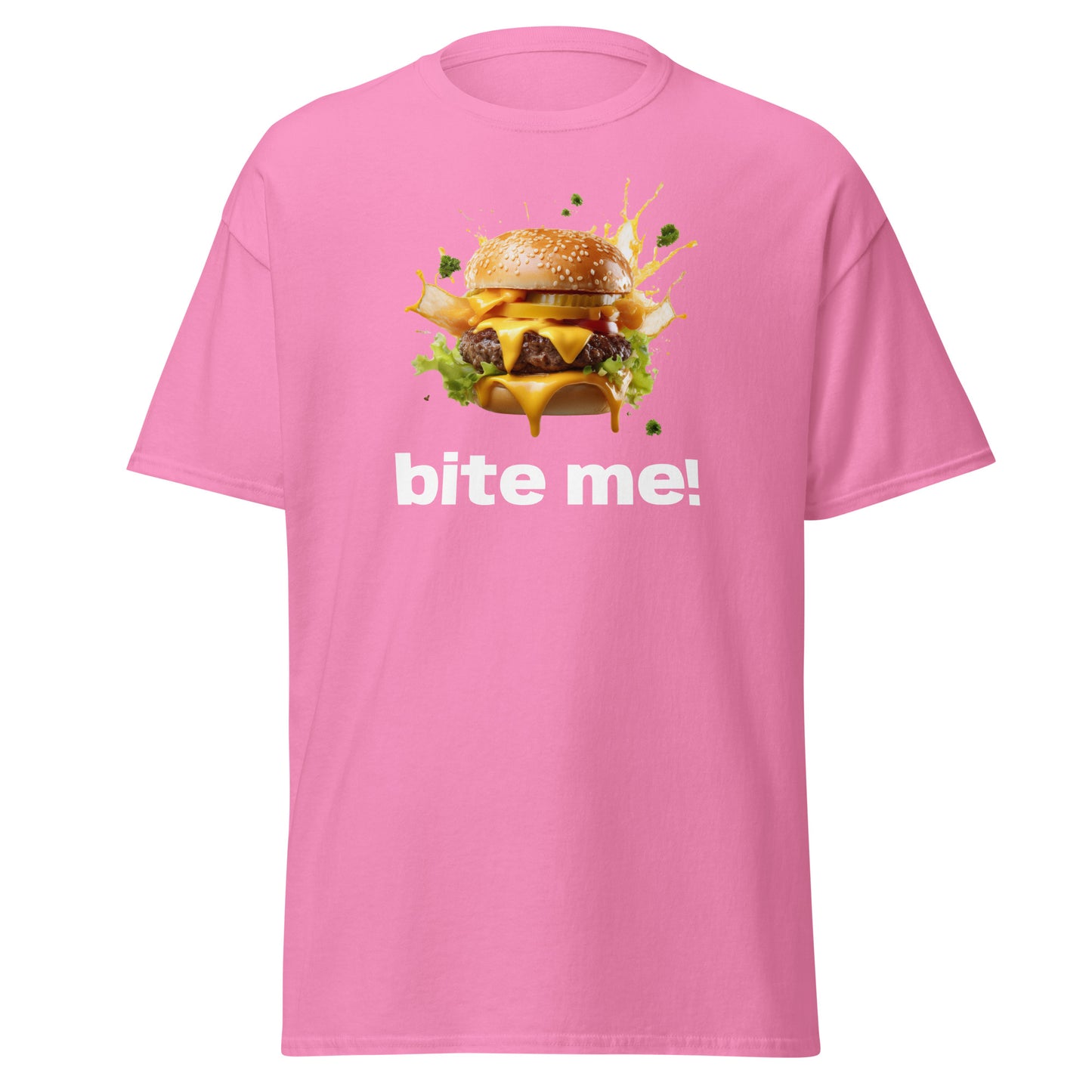 Pink unisex t-shirt with a bold burger graphic and "bite me" text, perfect for streetwear and trendy fashion enthusiasts.