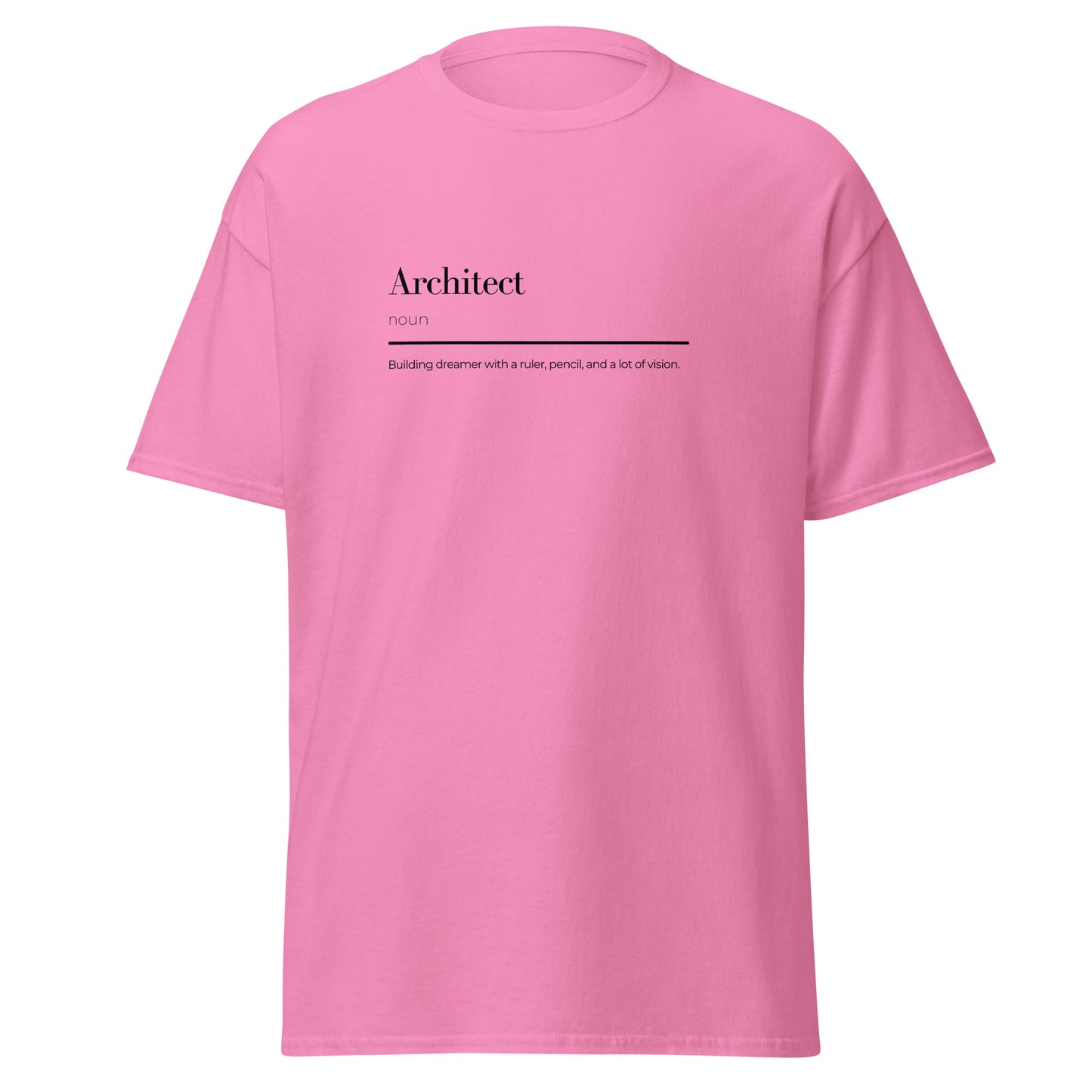 Pink architect wordplay unisex tee, unique statement piece for trendy streetwear fashion.