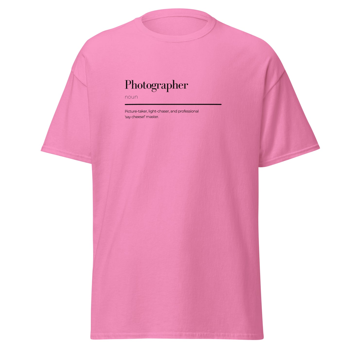 Pink photographer wordplay unisex classic tee, trendy graphic t-shirt with minimalist design, 100% cotton casual streetwear fashion.