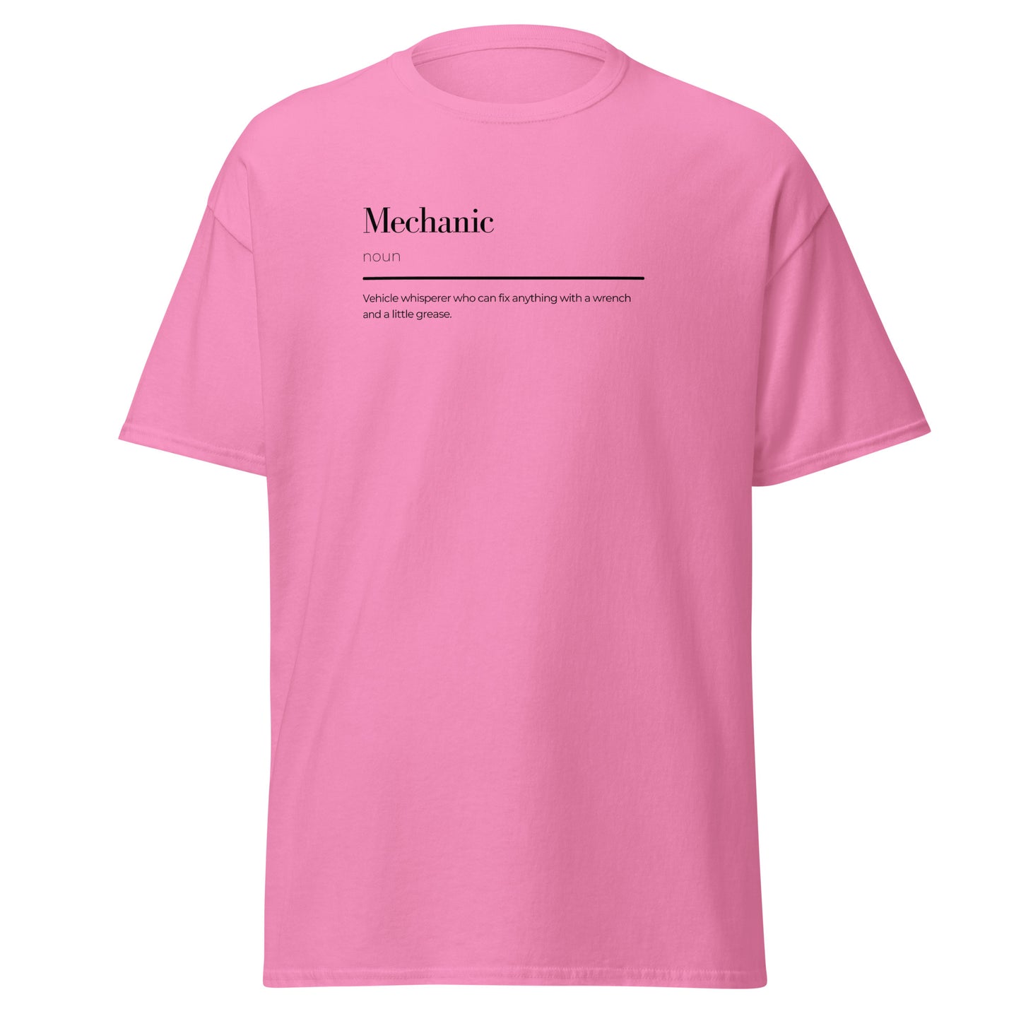 Pink mechanic wordplay unisex tee with humorous definition, perfect for trendy streetwear and casual outfits.