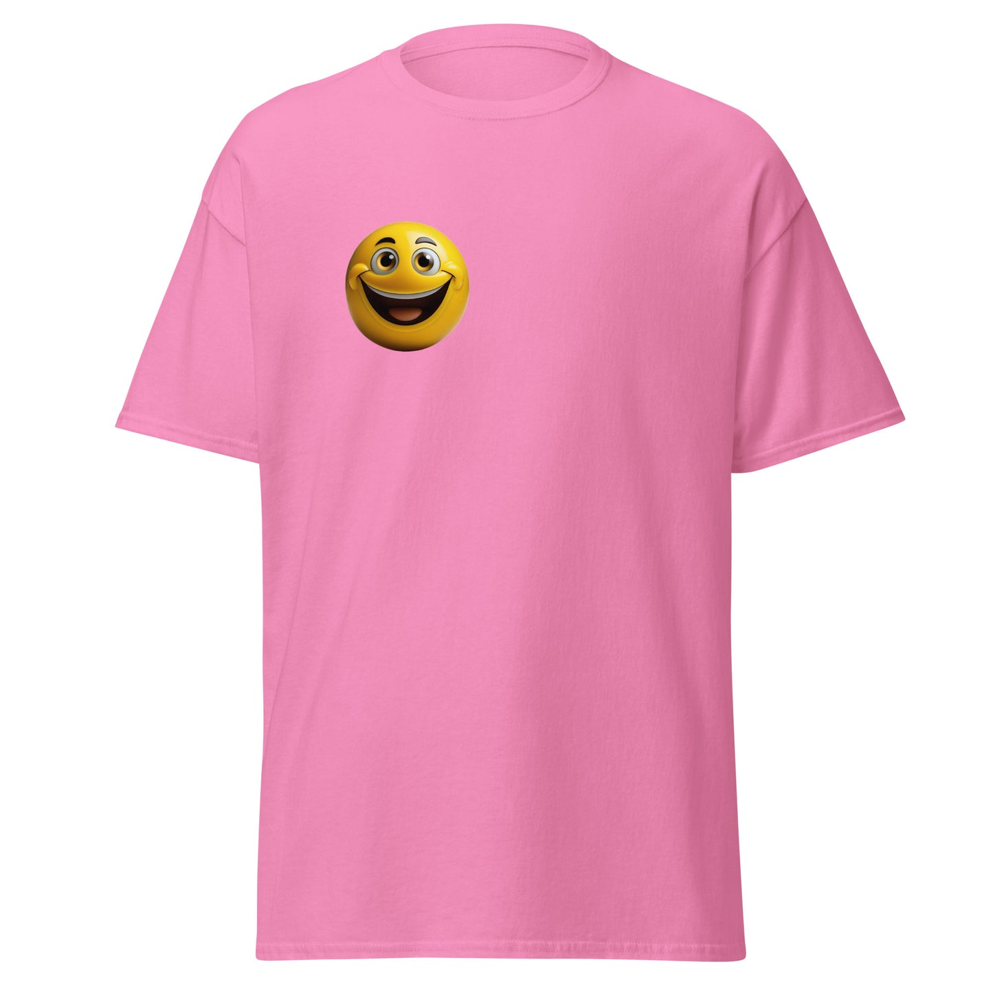 Pink unisex classic tee with cheerful emoji design, trendy streetwear fashion, perfect for casual wear and unique custom apparel.