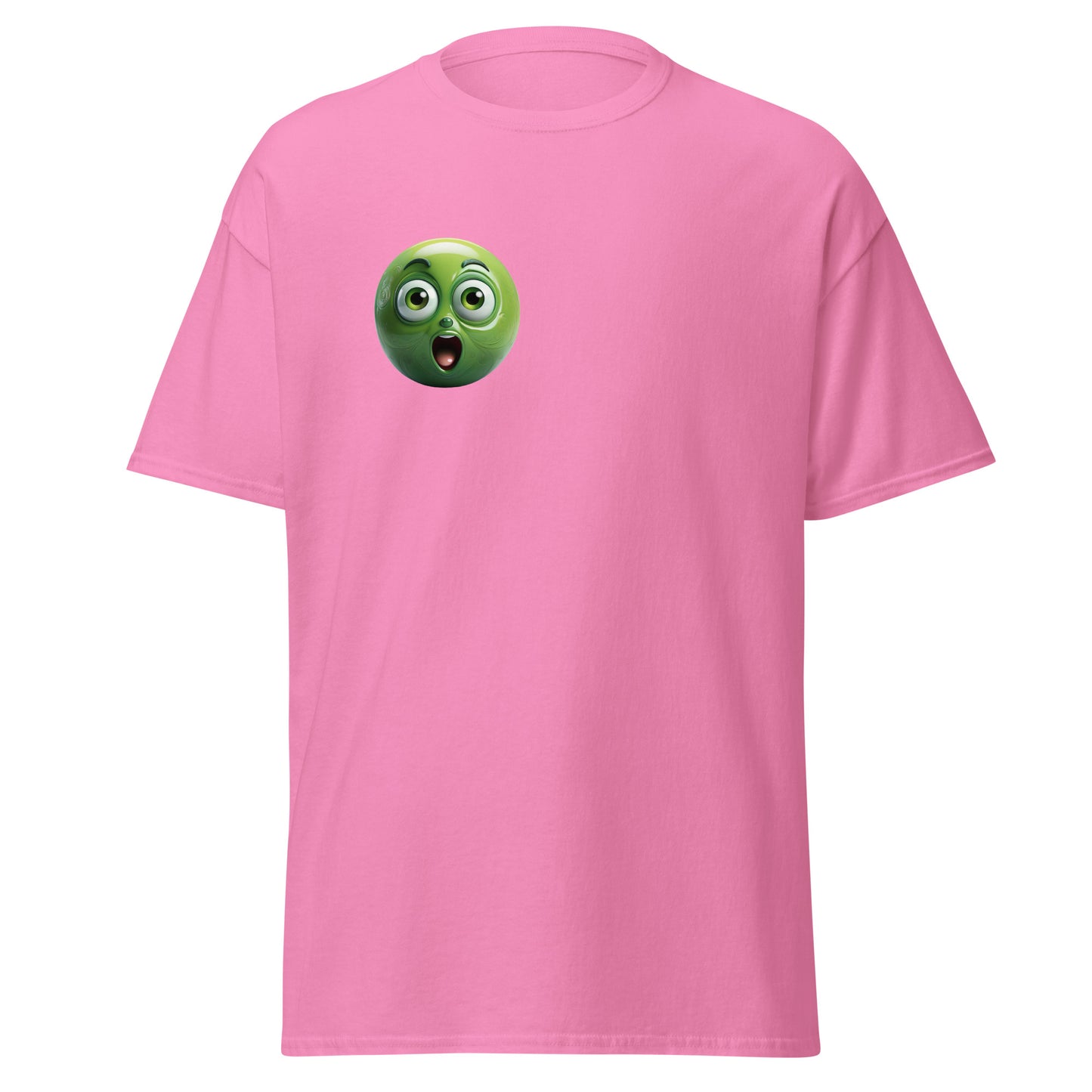 Pink unisex tee with green surprised emoji design; trendy streetwear fashion; 100% cotton; bold, eco-friendly statement piece.