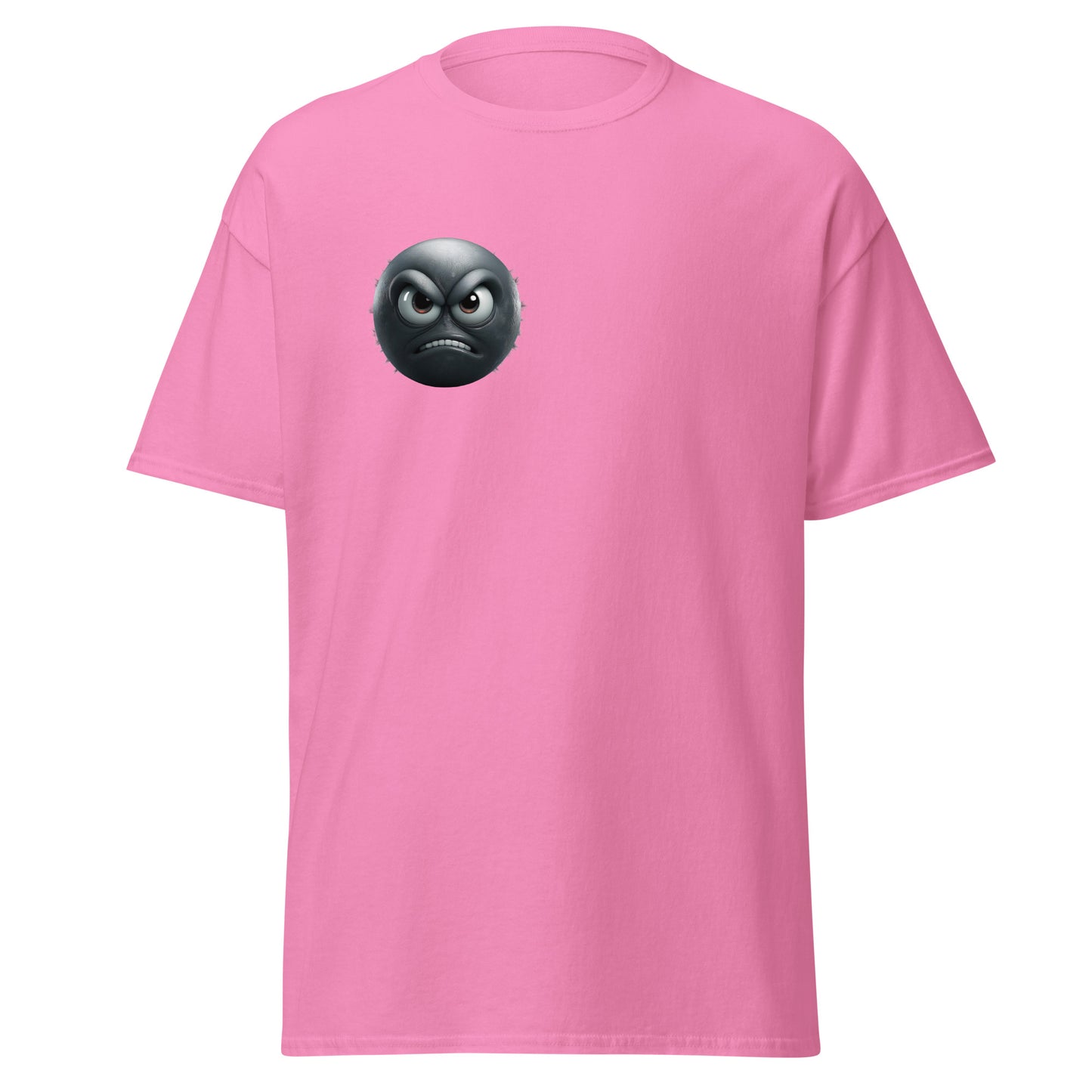 Pink unisex tee with annoyed emoji design, 100% cotton, perfect for trendy streetwear and unique fashion statements.