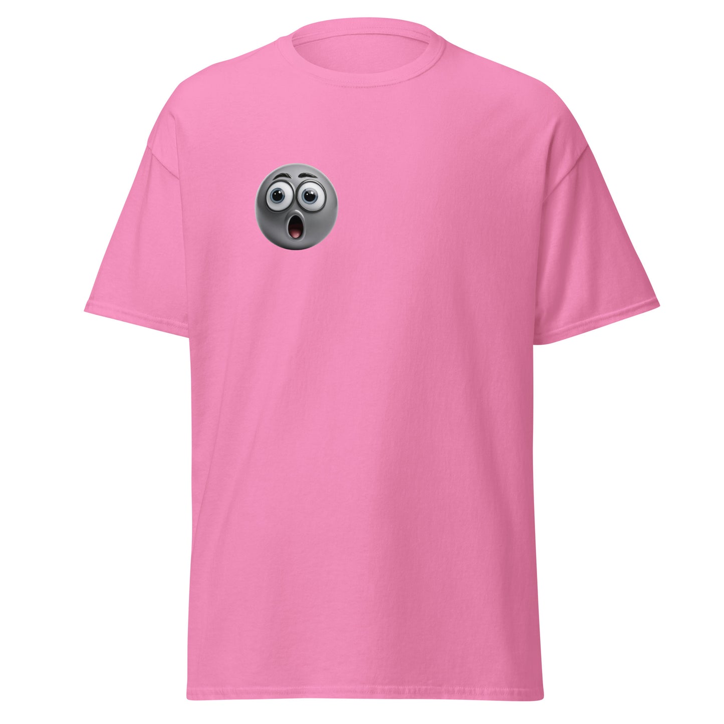 Pink unisex t-shirt with shocked expression emoji graphic, 100% cotton, trendy streetwear fashion, custom apparel design.