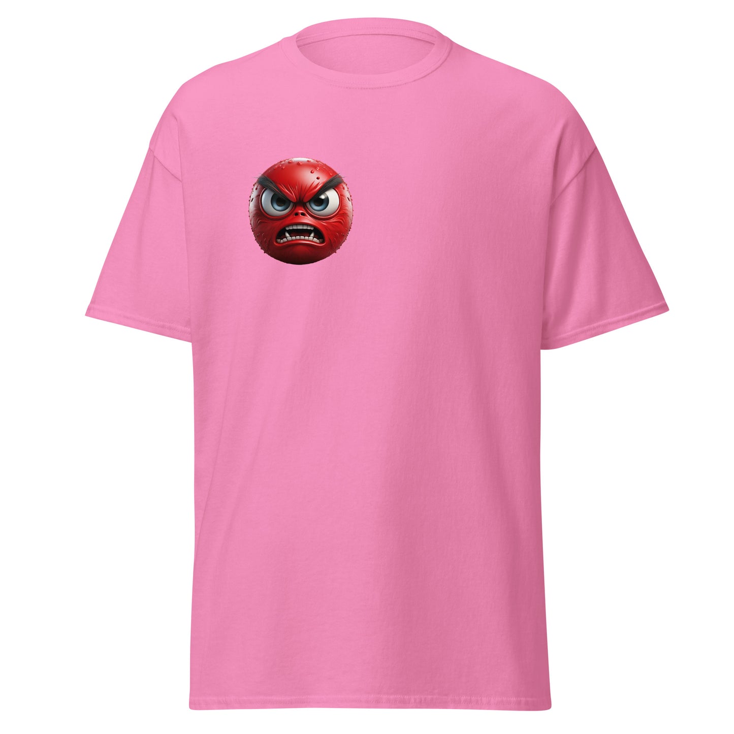 Pink unisex tee with Angry Blast Emoji design, perfect for sustainable streetwear fashion and bold statement looks.