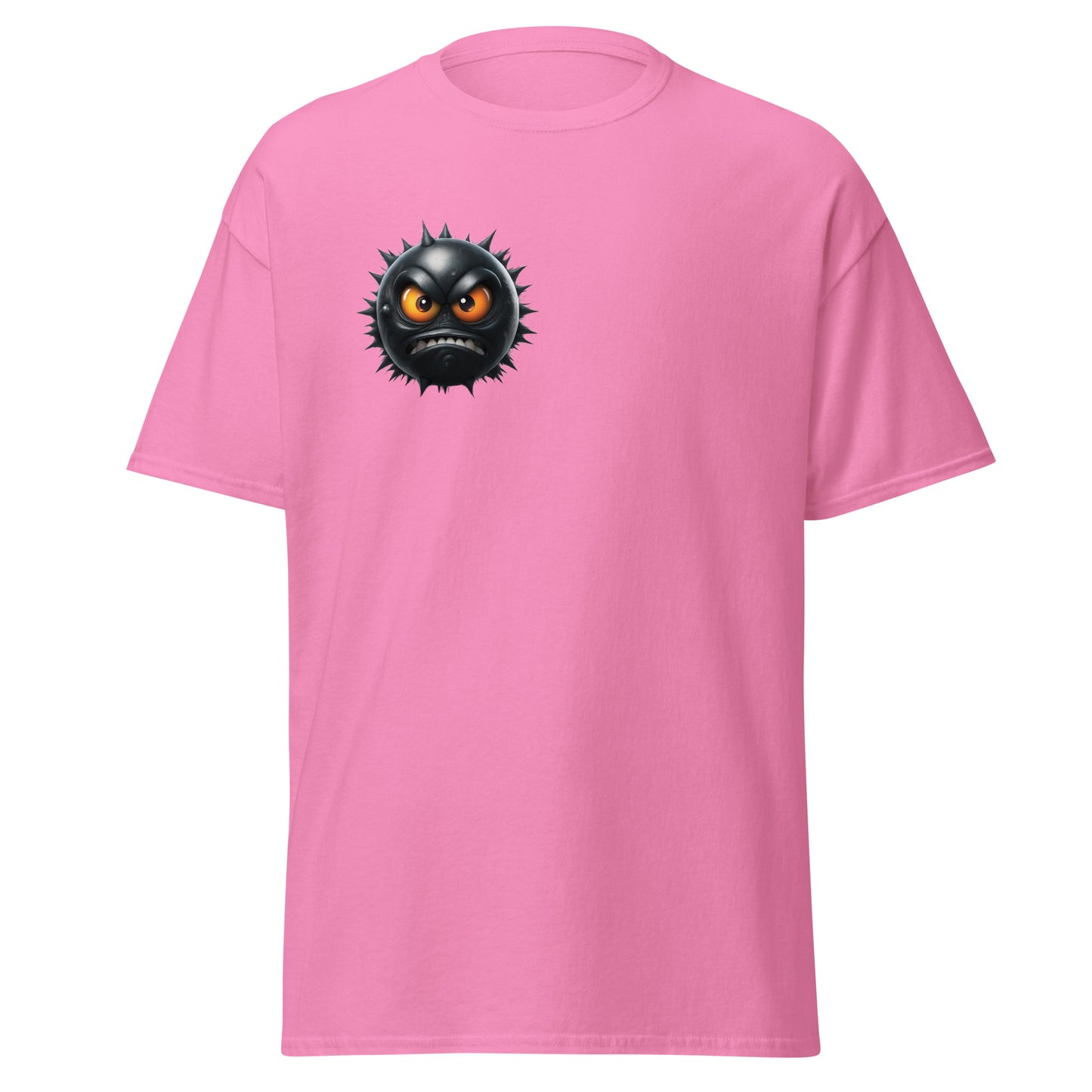 Pink unisex tee with raging fury emoji print, 100% cotton, trendy streetwear fashion, bold modern statement piece.