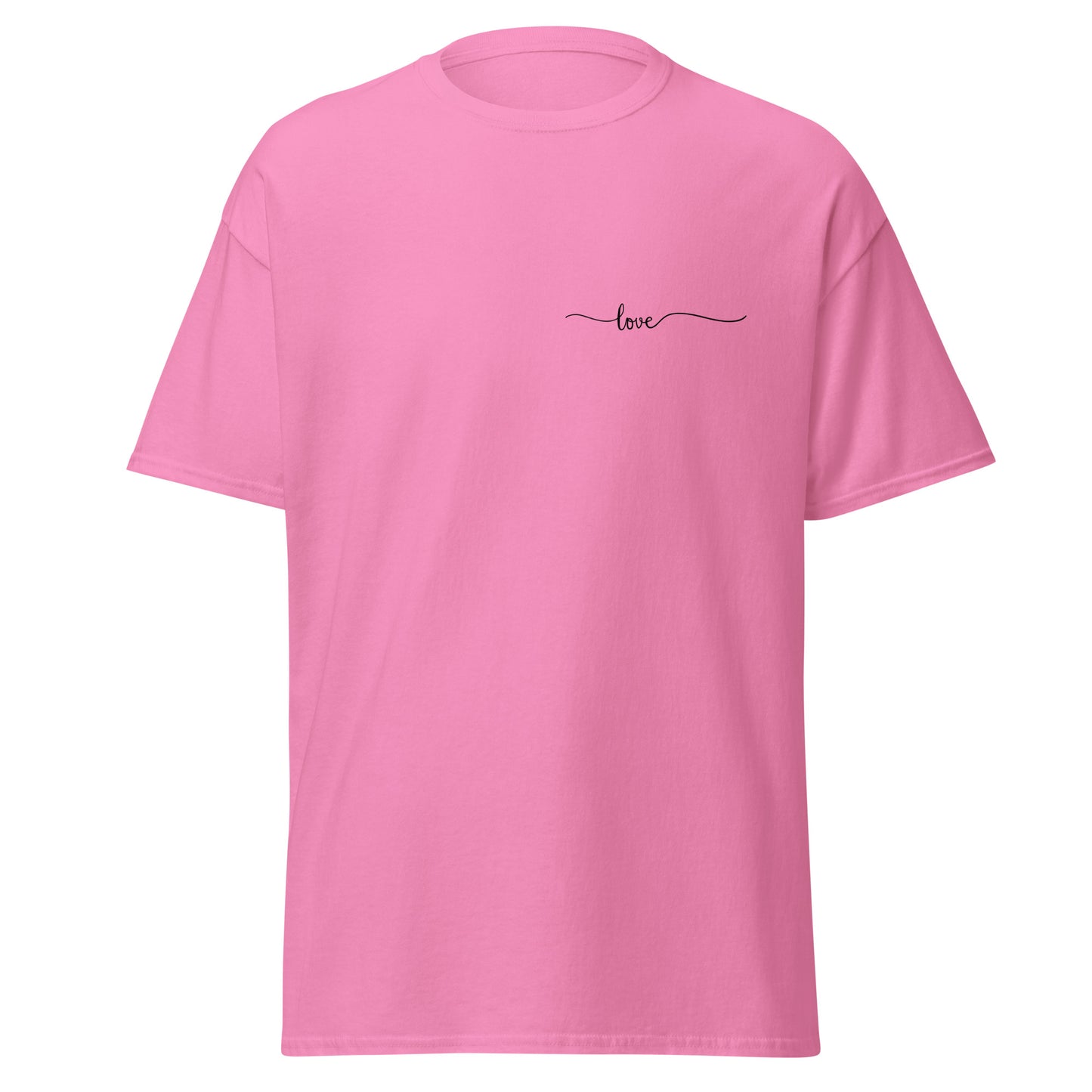 Pink unisex tee with "love" text, minimalist design, sustainable fashion, perfect for trendy streetwear and casual outfits.