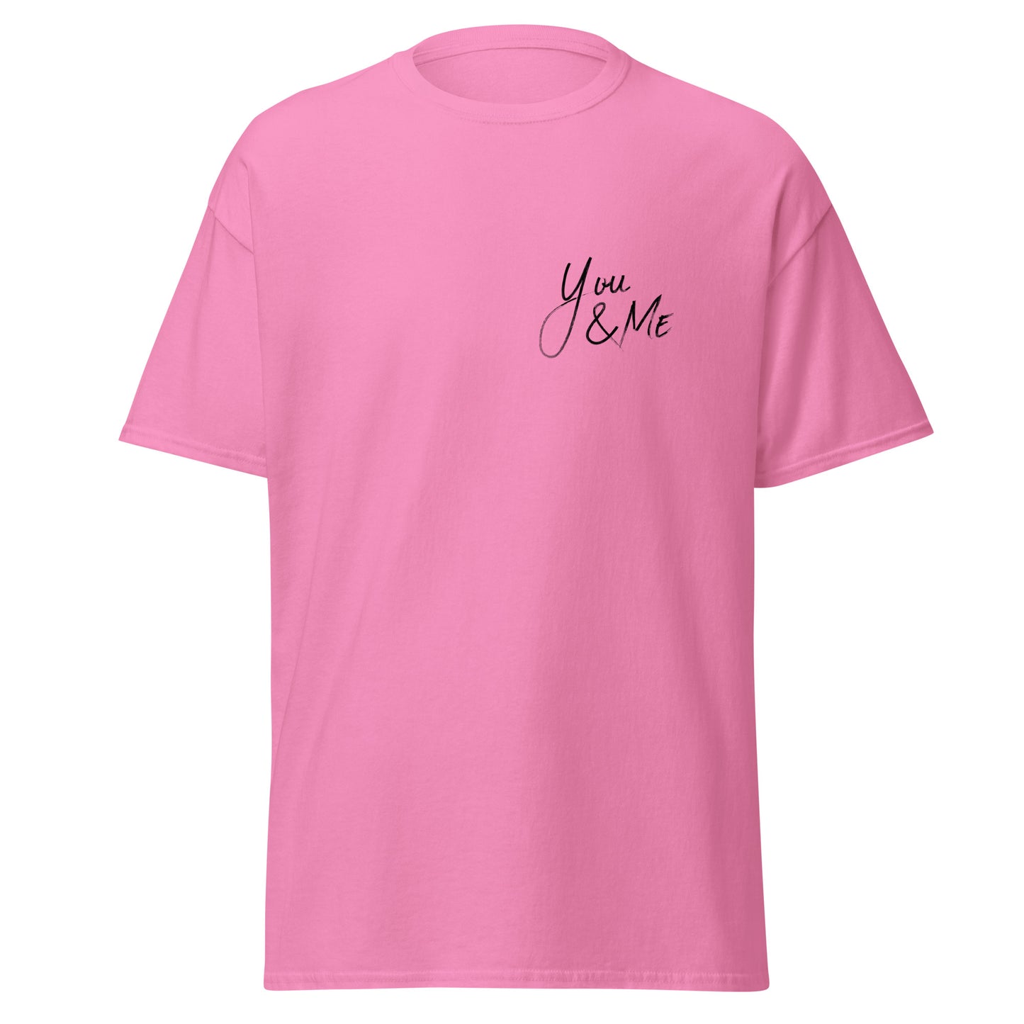 Pink unisex classic tee with "You & Me" design, 100% cotton, trendy streetwear fashion, casual wear, sustainable and eco-friendly.