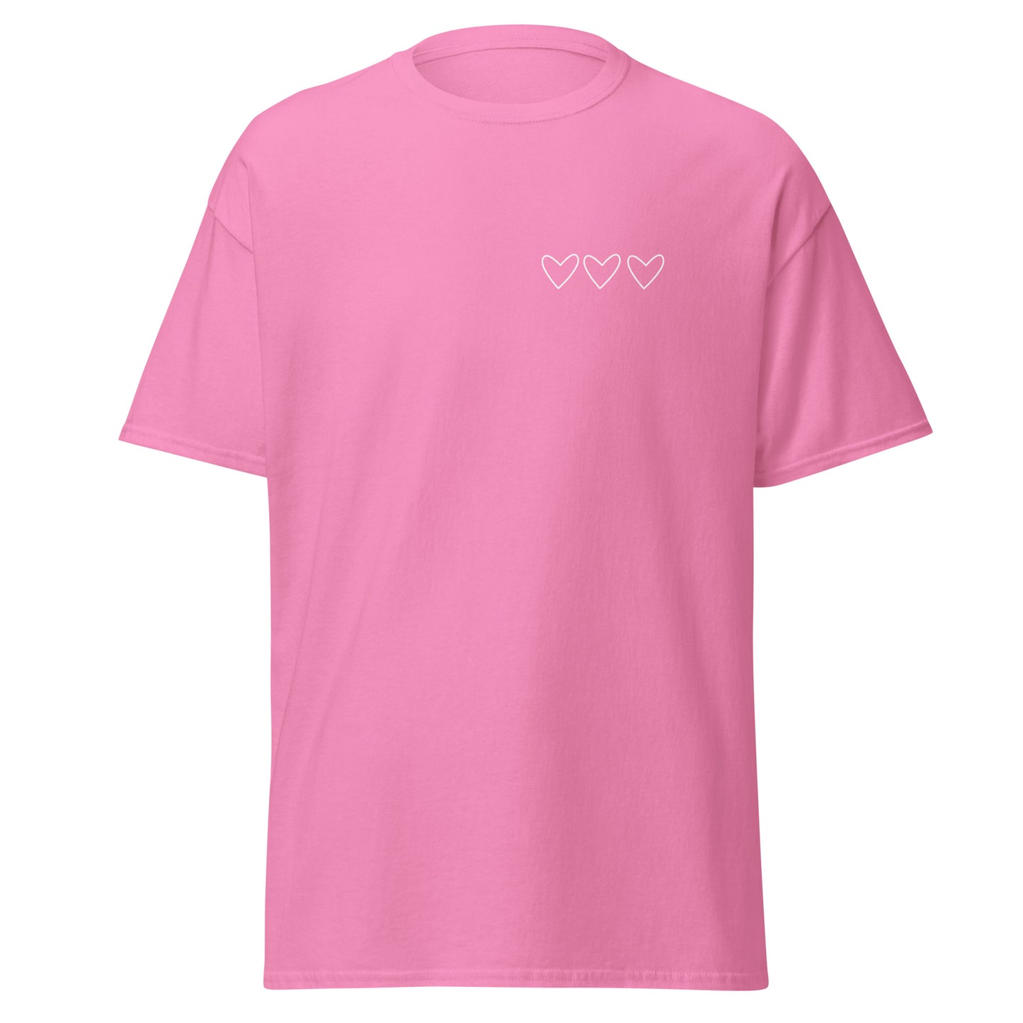 Pink unisex classic tee with heart design, trendy streetwear eco-friendly fashion, minimalist graphic t-shirt for casual wear.