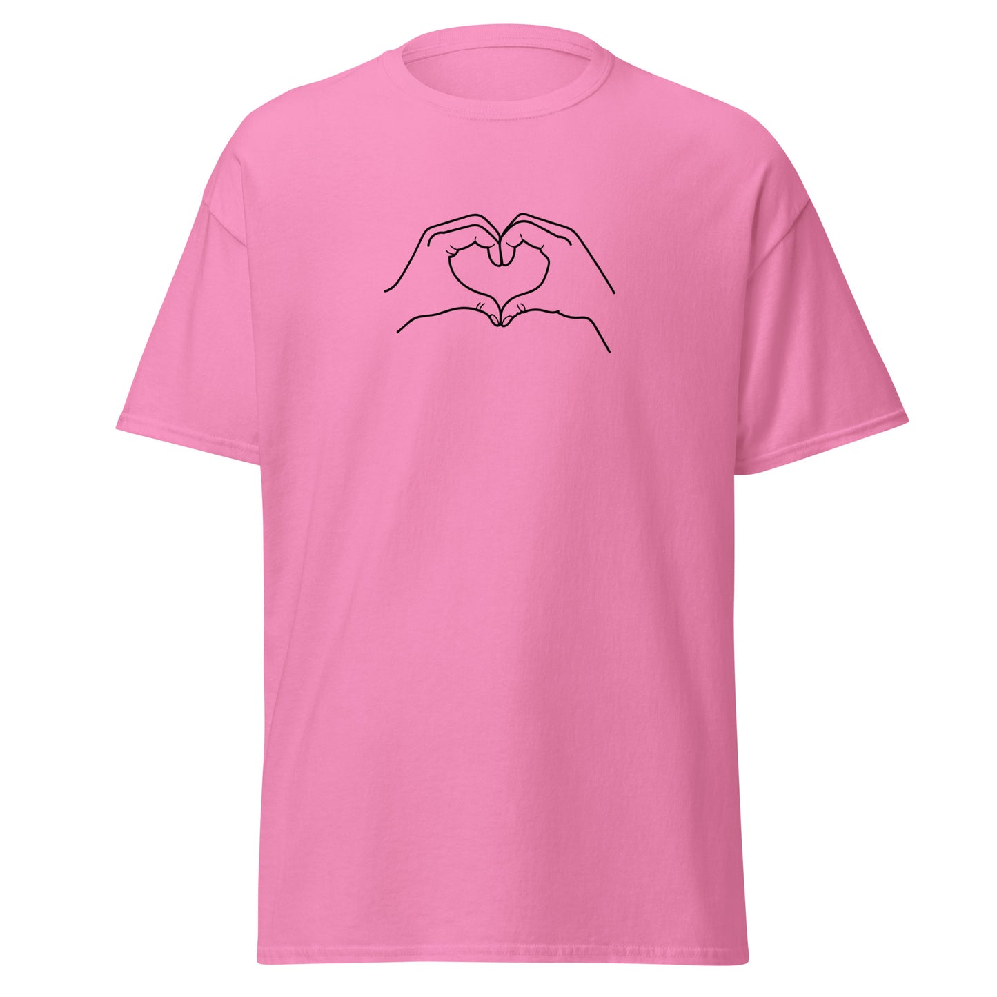 Pink unisex t-shirt with heart hand design, fashion statement piece, eco-friendly cotton, trendy streetwear, unique graphic tee.