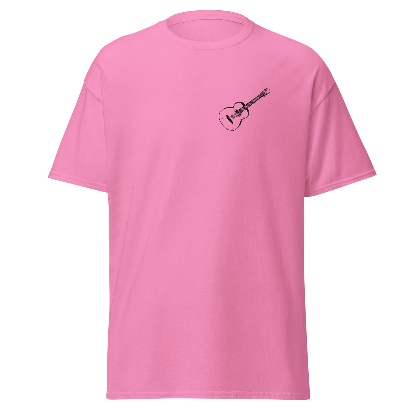 Pink unisex tee with guitar print, sustainable fashion, trendy streetwear, 100% cotton, minimalist design, perfect for casual wear.