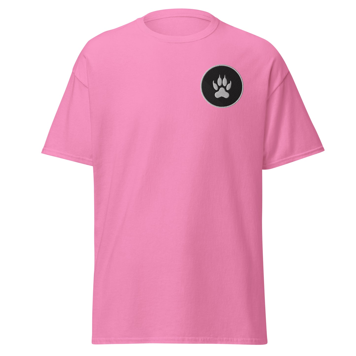 Pink unisex cotton tee with paw print design; trendy streetwear fashion piece.