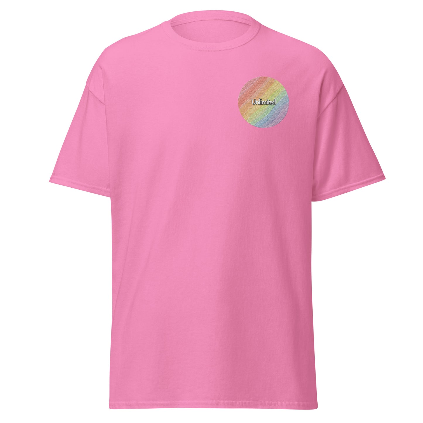 Pink unisex classic tee with rainbow graphic, 100% cotton, perfect for streetwear fashion and layering, trendy eco-friendly apparel.