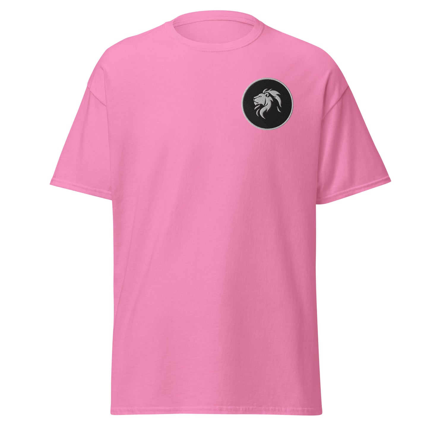 Pink unisex classic tee with bold lion design, trendy streetwear fashion, 100% cotton, eco-friendly, perfect for casual and stylish looks.