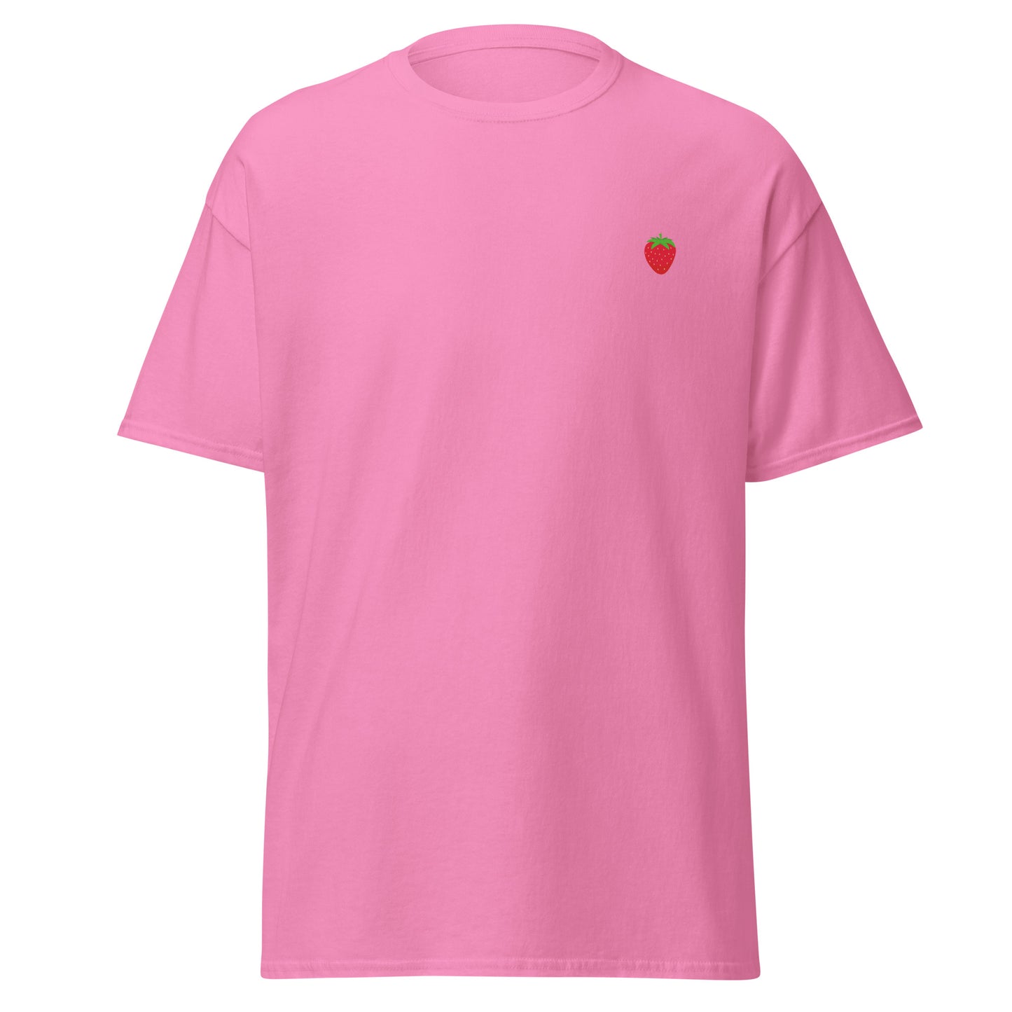 Pink unisex cotton t-shirt with strawberry design, trendy streetwear fashion, minimalist and eco-friendly custom apparel.