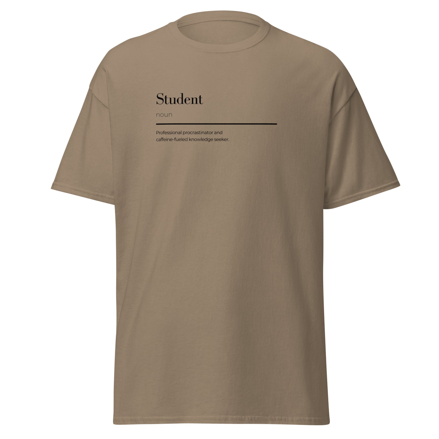 Unisex classic tee with student wordplay design, 100% cotton, beige color, perfect for streetwear and sustainable fashion.