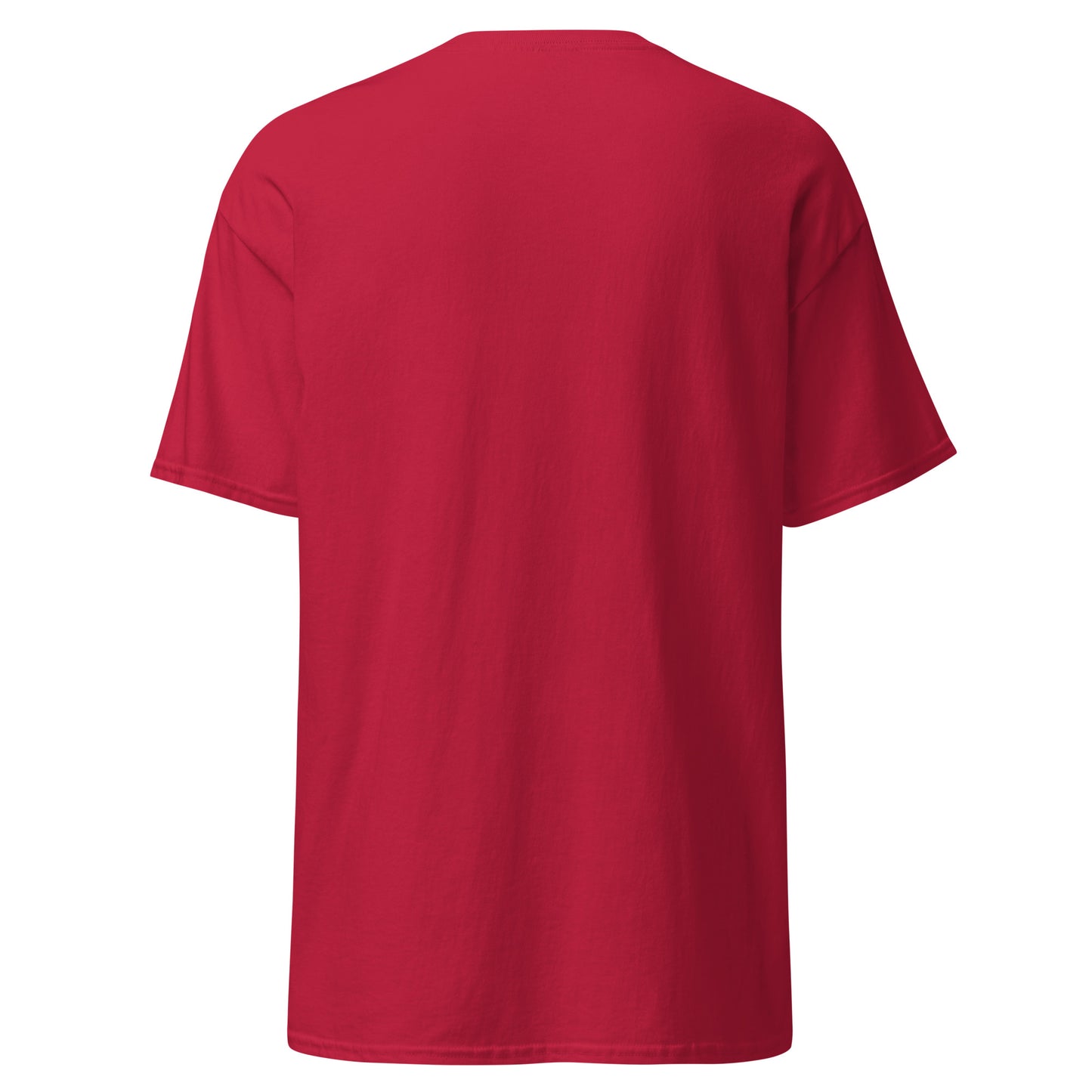 Back view of red unisex classic tee, minimalist design, 100% cotton, perfect for streetwear and casual outfits.