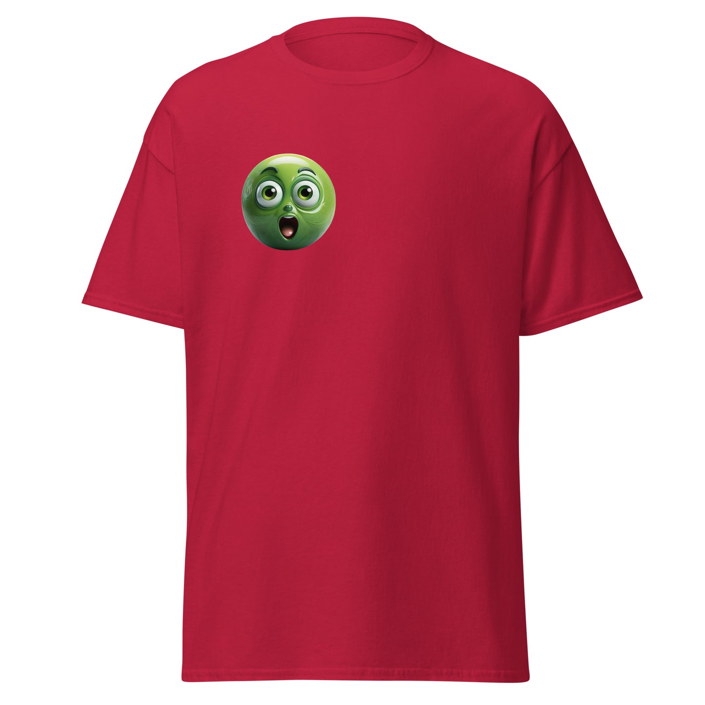 Unisex red T-shirt with surprised reaction emoji graphic, sustainable fashion statement piece.