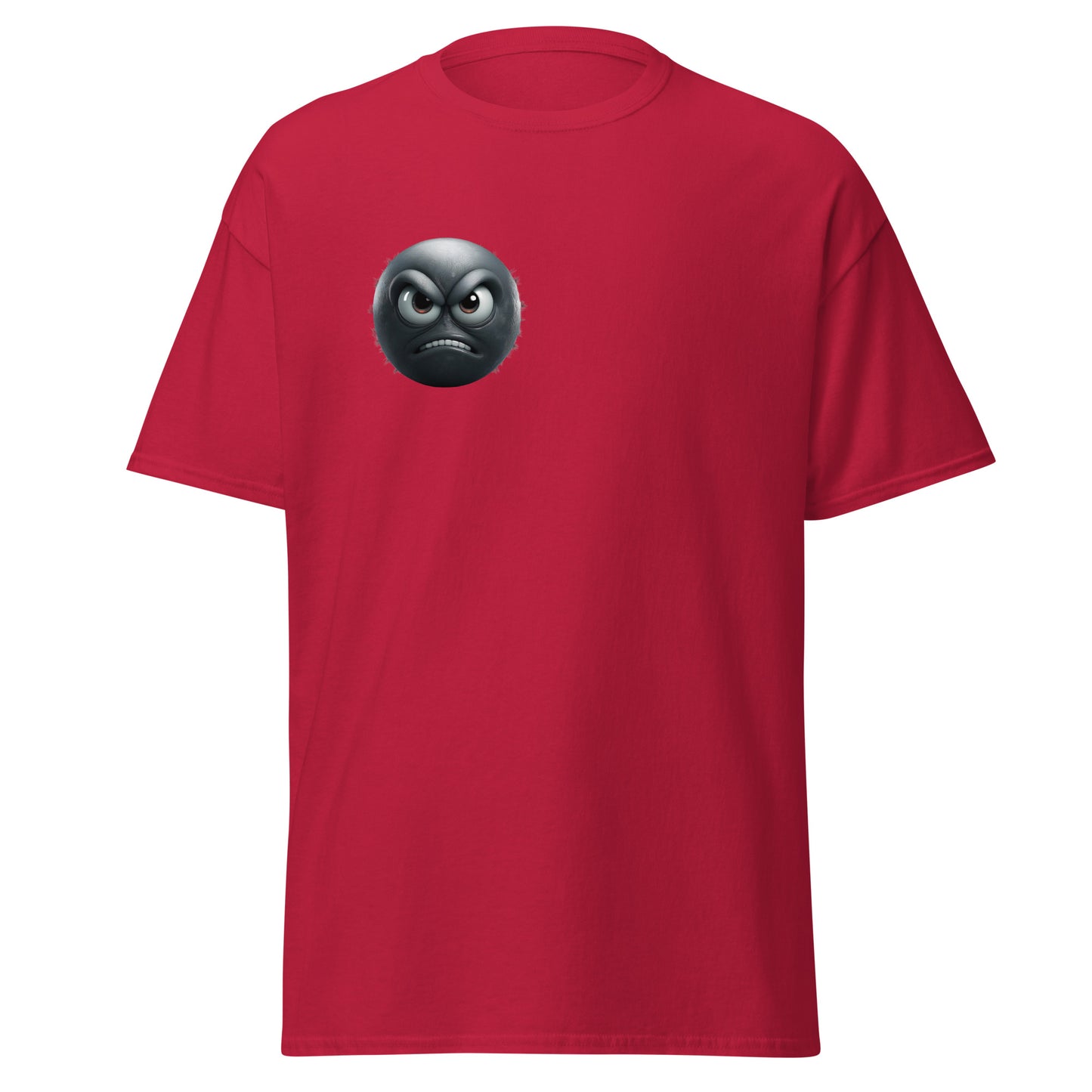 Red annoyed emoji unisex classic tee, trendy streetwear fashion with bold design and eco-friendly cotton blend.