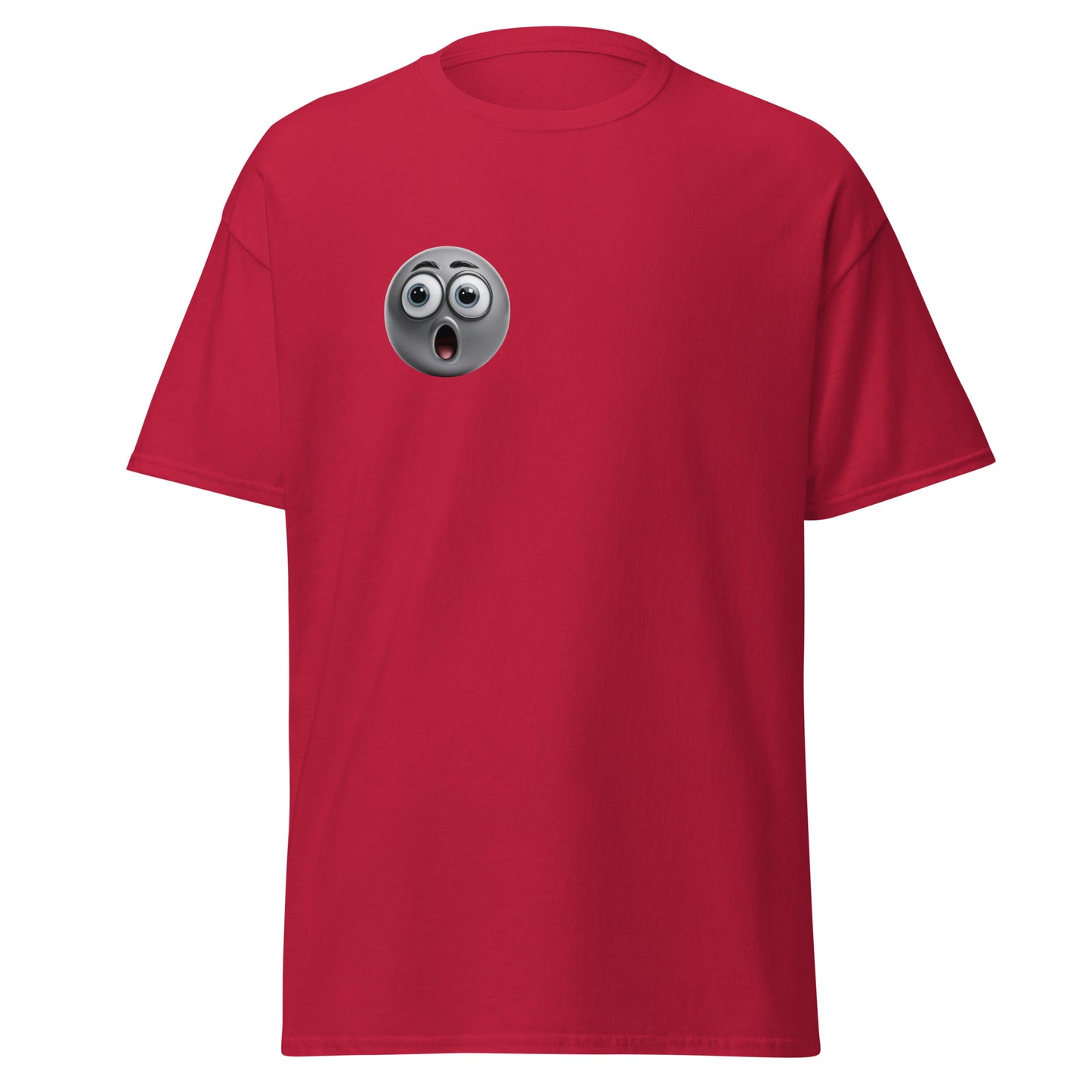 Red unisex classic tee with shocked emoji, cotton streetwear fashion, graphic minimalist design, trendy casual wear.