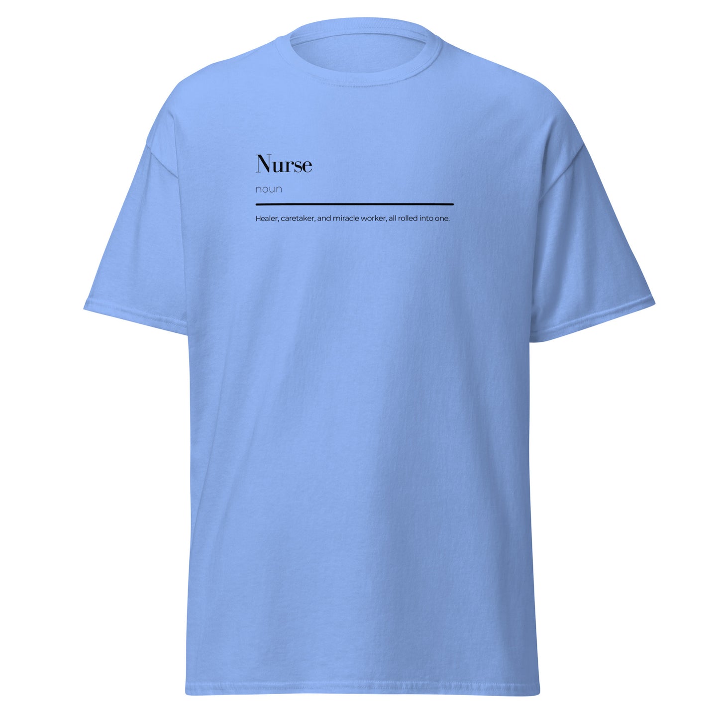 Light blue nurse wordplay unisex tee with minimalist design on soft cotton fabric, perfect for trendy streetwear and casual fashion.