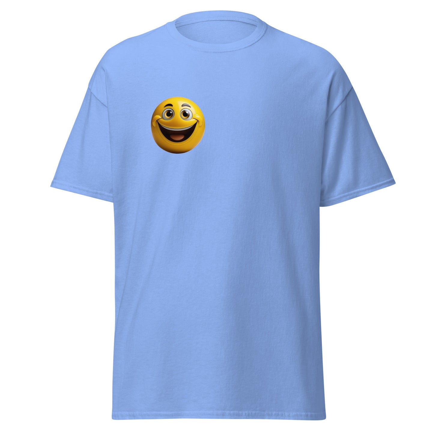 Cheerful Vibes Emoji Unisex Tee in light blue, trendy streetwear fashion, 100% cotton, graphic tee, unique and minimalist design.