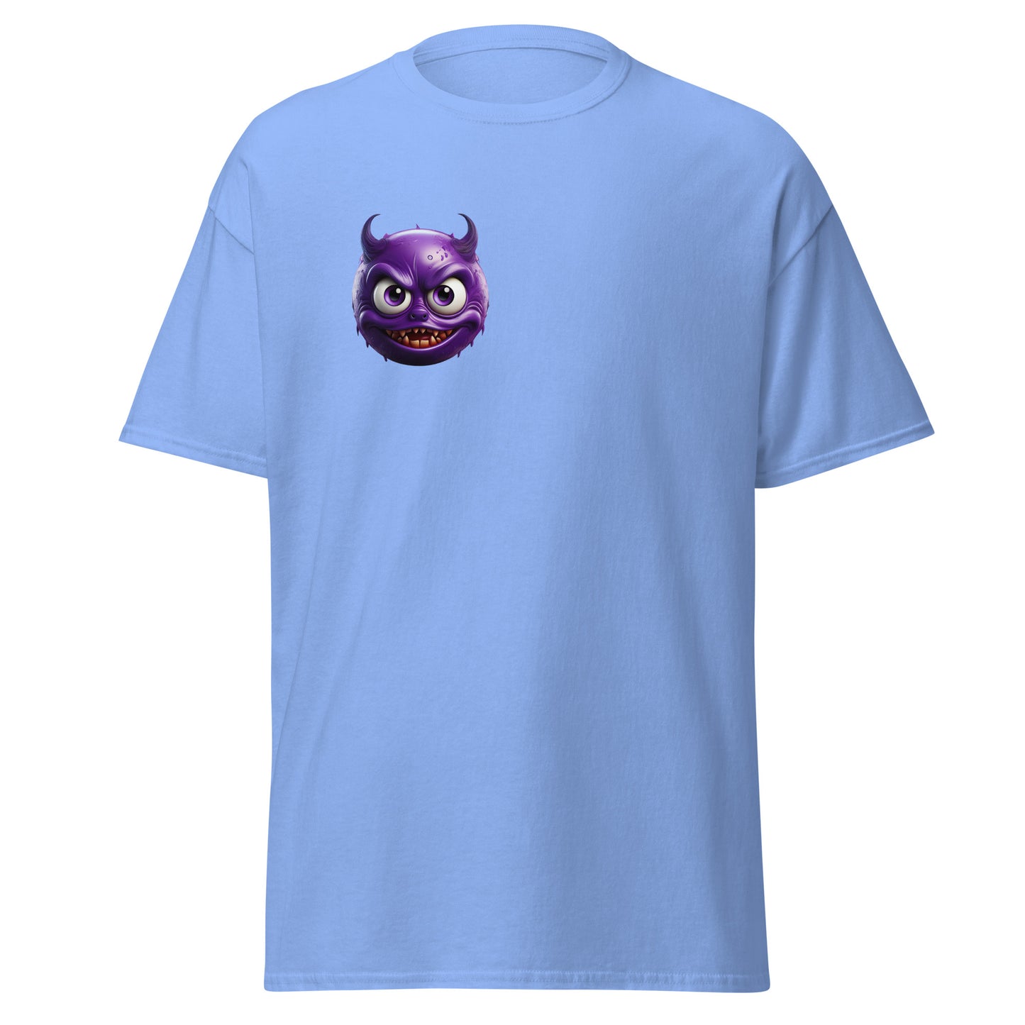 Light blue unisex t-shirt with mischievous devil emoji print, 100% cotton, trendy streetwear fashion for casual wear.