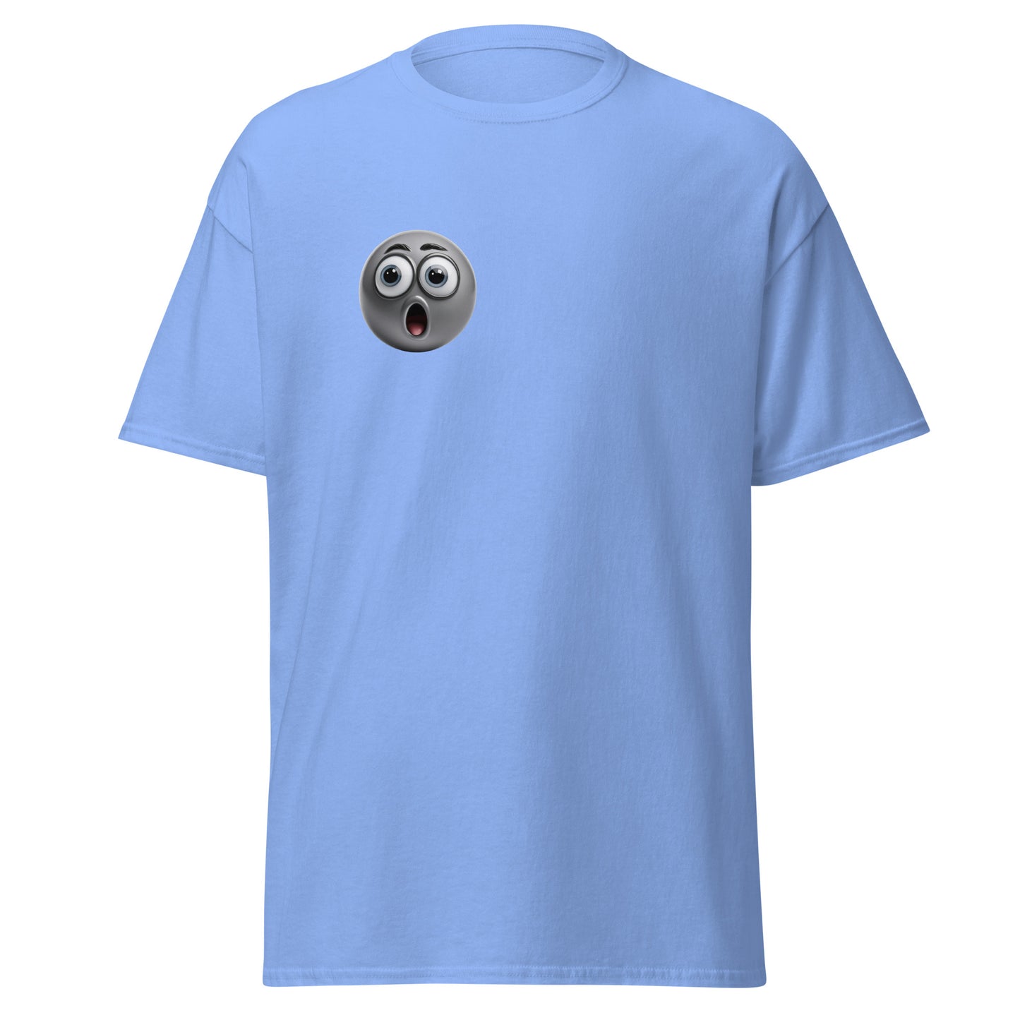 Unisex classic t-shirt with shocked emoji design on light blue, perfect for trendy streetwear and sustainable fashion lovers.