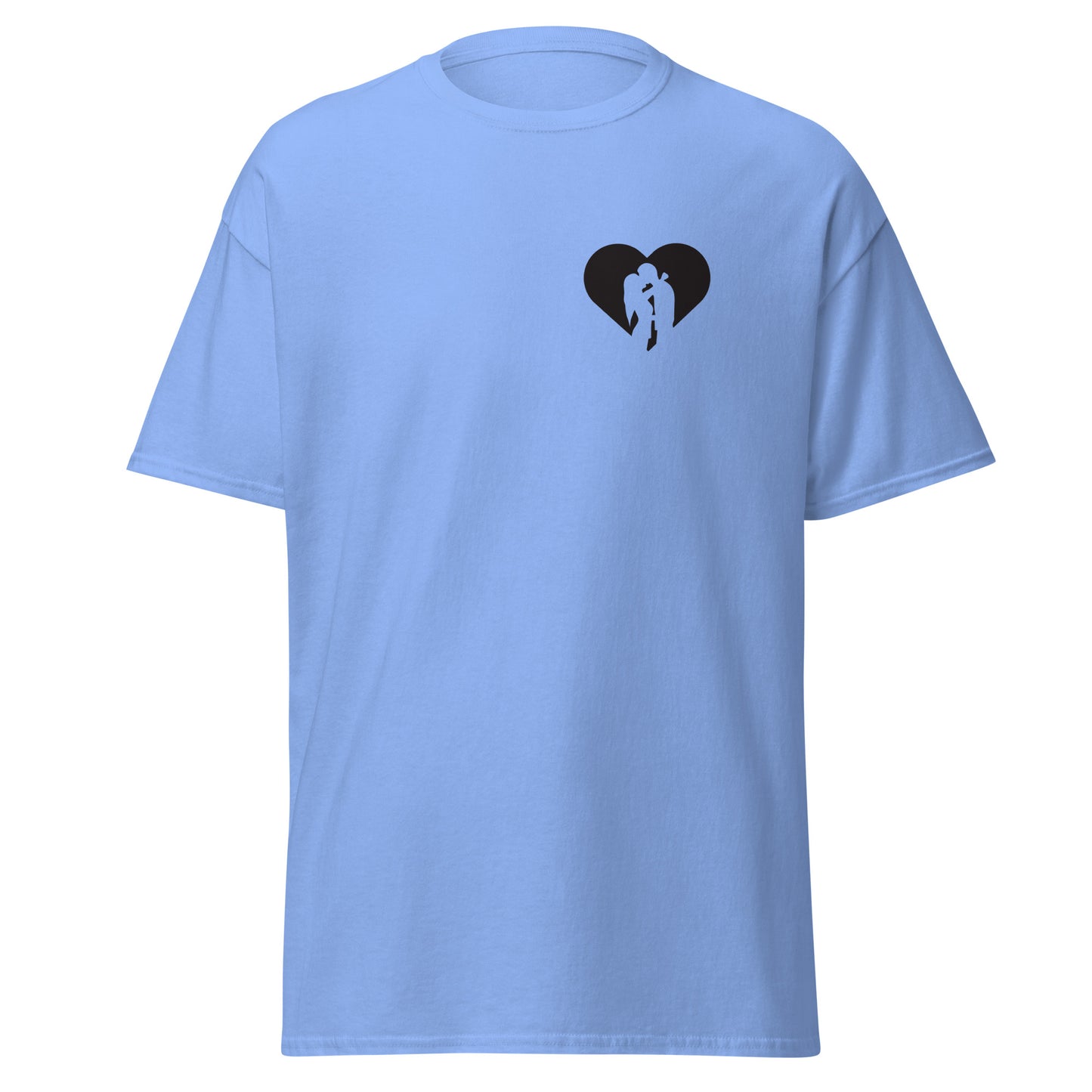 Light blue unisex cotton tee with heart design, trendy streetwear fashion, sustainable and eco-friendly clothing, perfect gift idea.