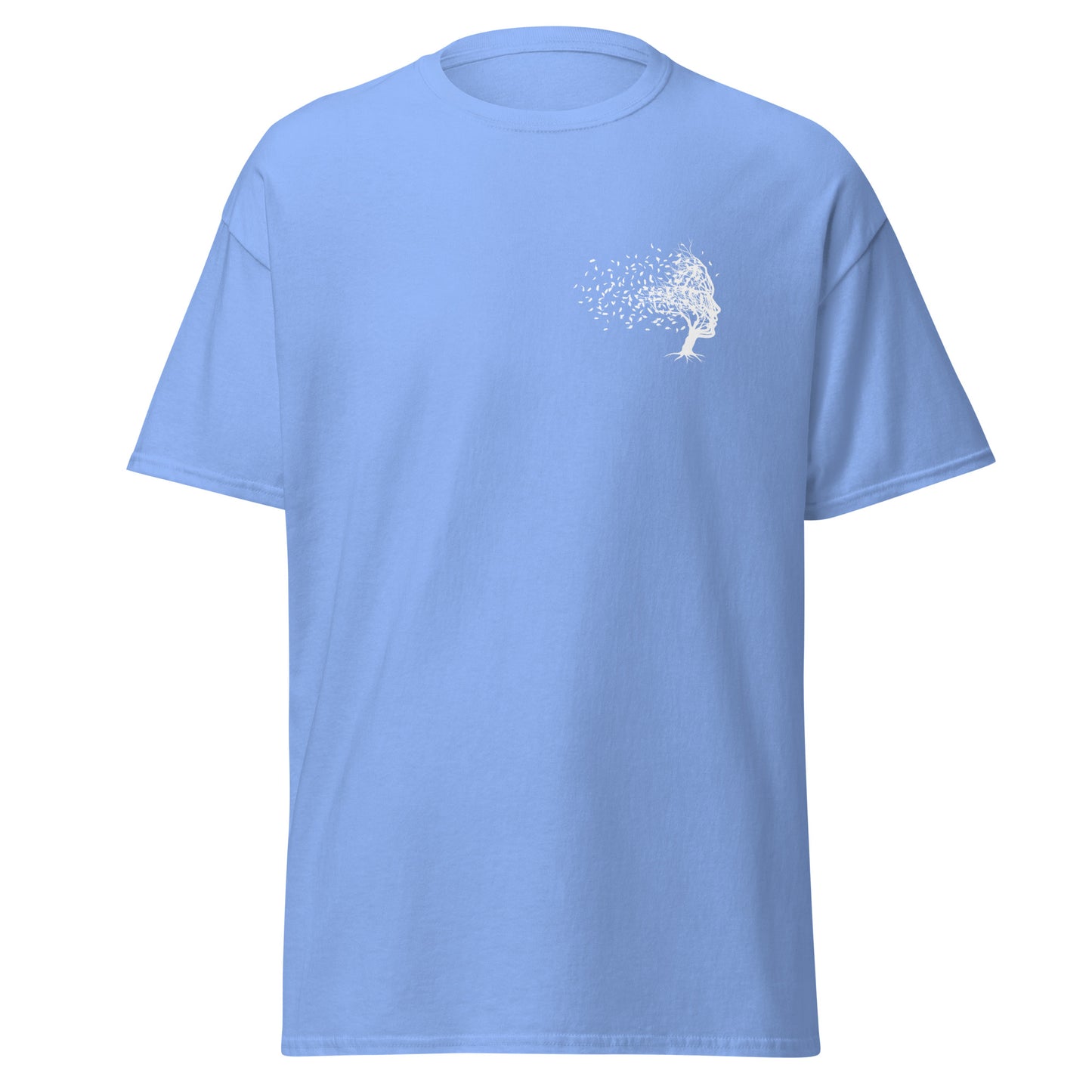 Unisex classic tee in blue with artistic fading tree graphic, 100% cotton, perfect for trendy streetwear and eco-friendly fashion lovers.