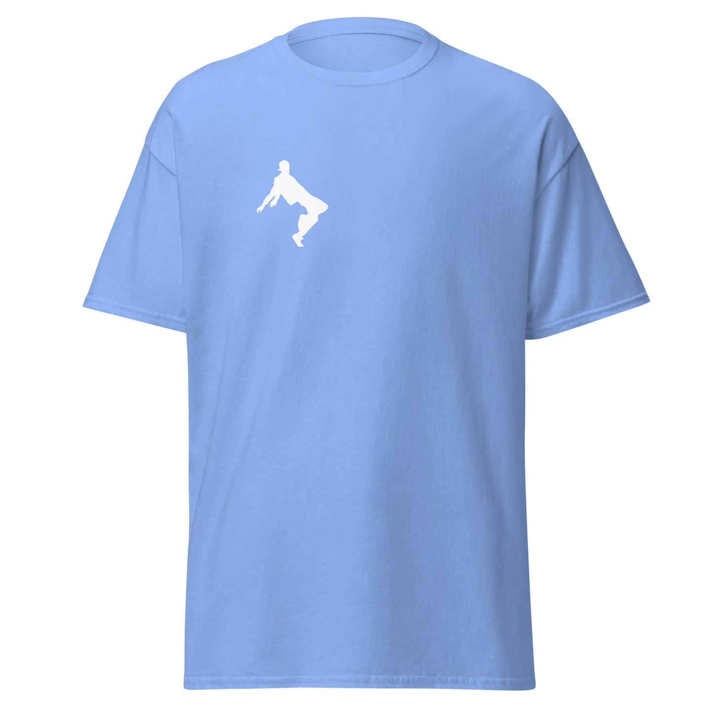 Blue unisex classic tee with minimalist graphic print, eco-friendly cotton, perfect for trendy streetwear and casual fashion.