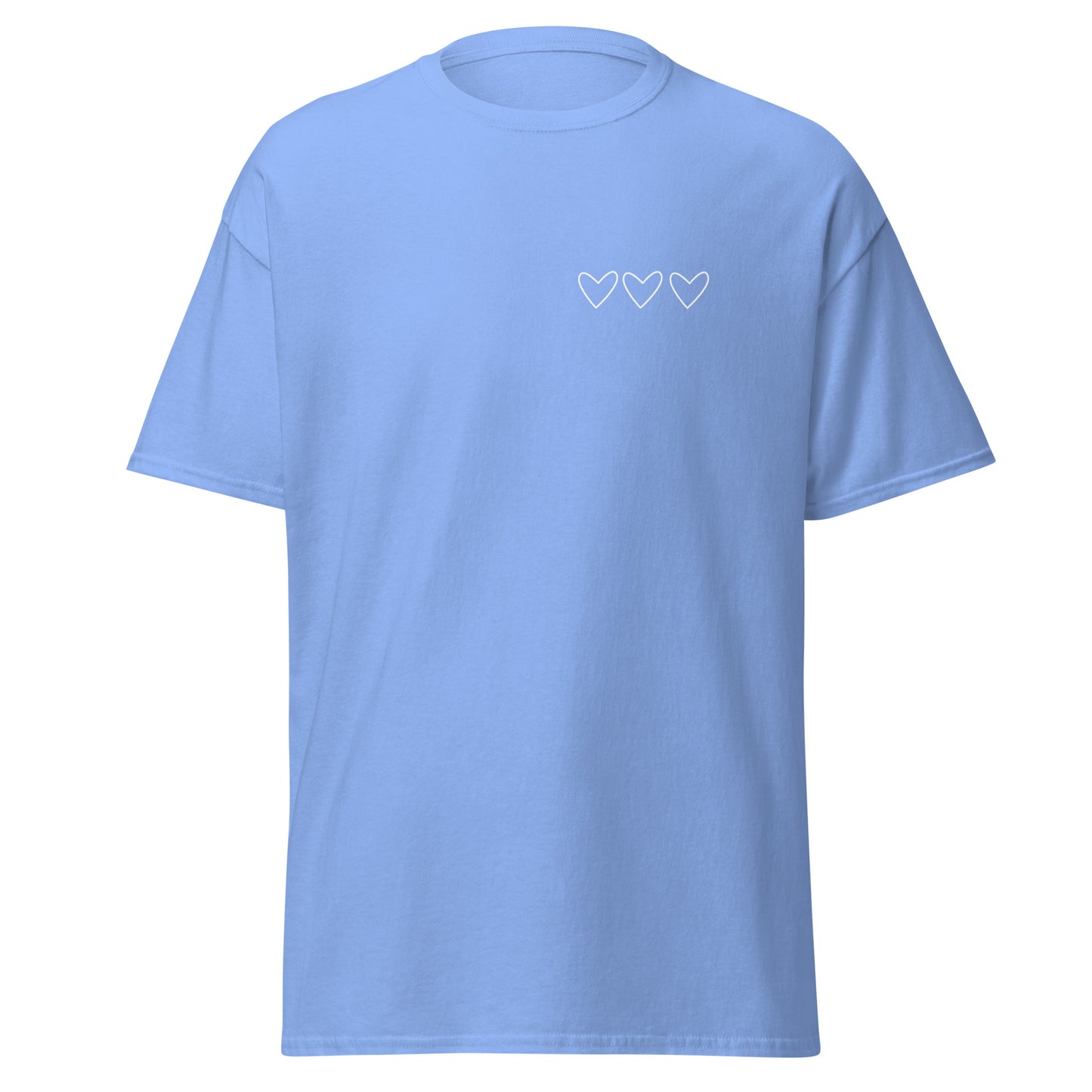 Blue unisex classic tee with heart design, 100% cotton, perfect for trendy streetwear and sustainable fashion lovers.