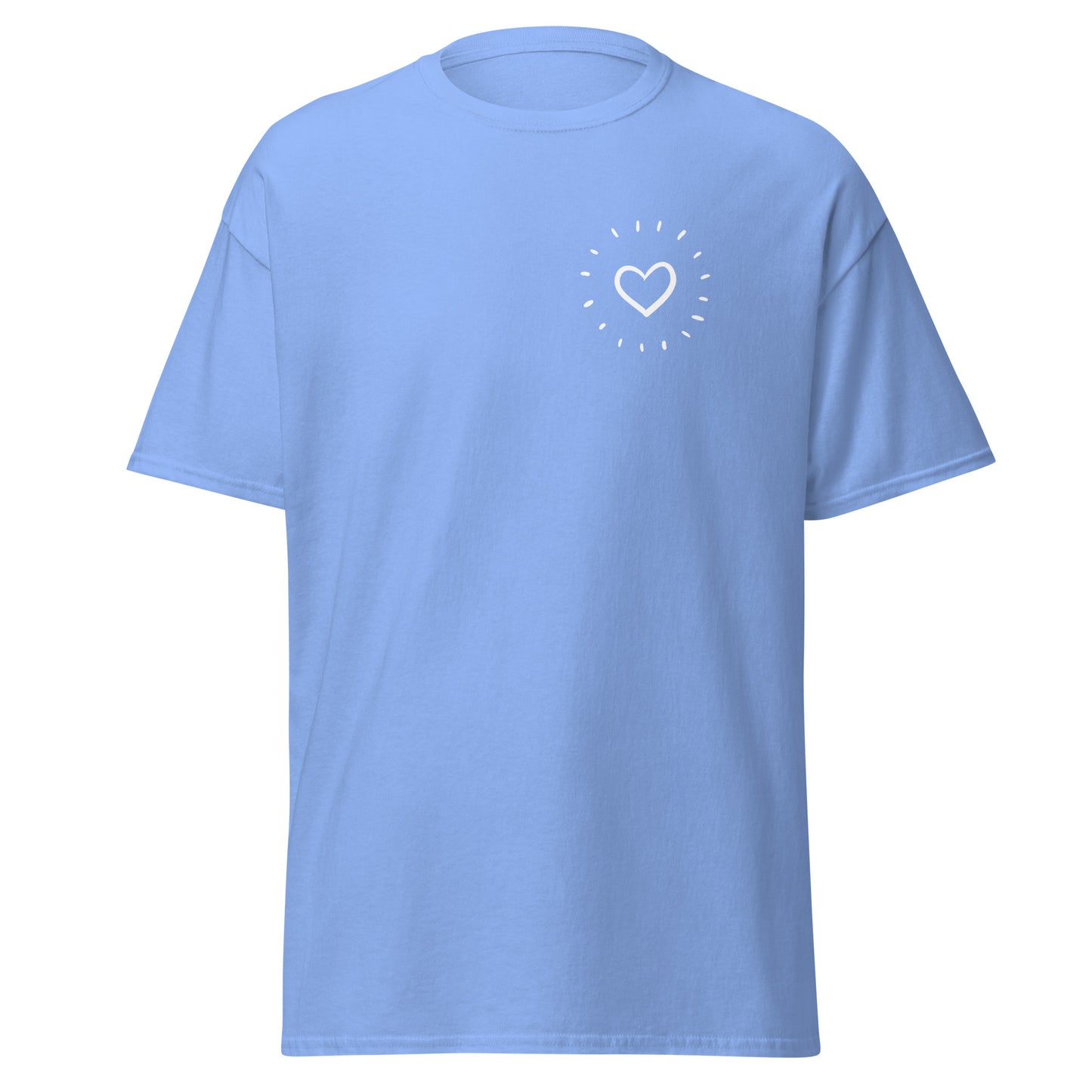 Light blue unisex classic tee with sunshine heart design, eco-friendly cotton, perfect for trendy streetwear and custom fashion looks.