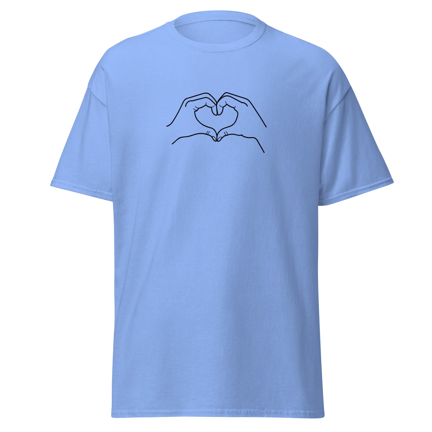 Unisex blue tee with heart hands graphic design, trendy streetwear fashion, 100% cotton, sustainable and eco-friendly apparel.