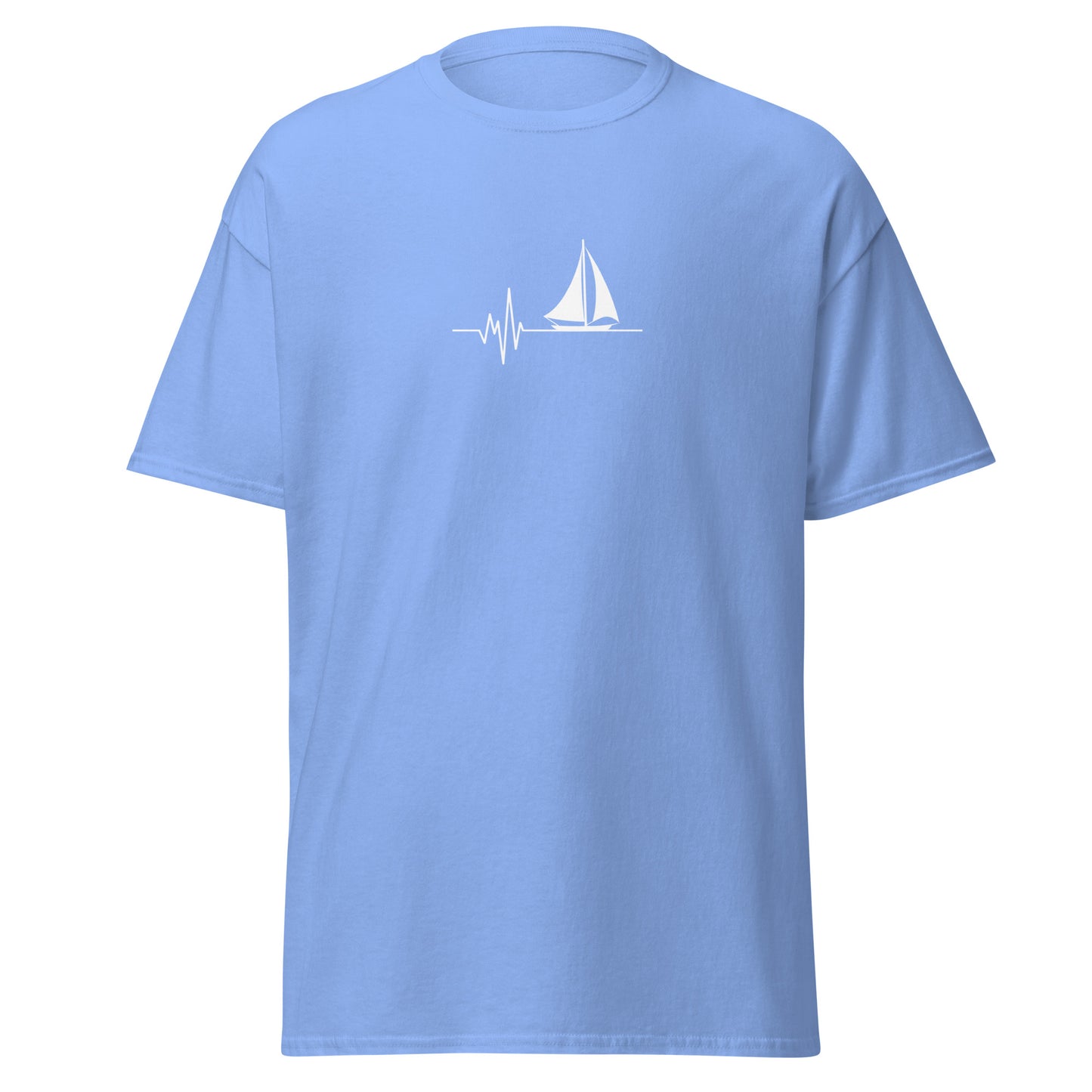 Light blue sailing themed unisex classic tee with heartbeat and sailboat graphic, perfect for trendy streetwear and sustainable fashion lovers.