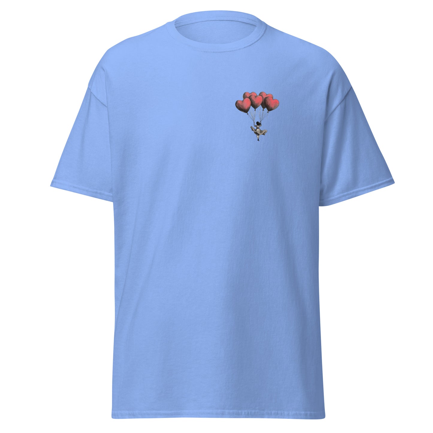 Unisex classic blue tee with heart balloon design, perfect for trendy streetwear and casual fashion enthusiasts.