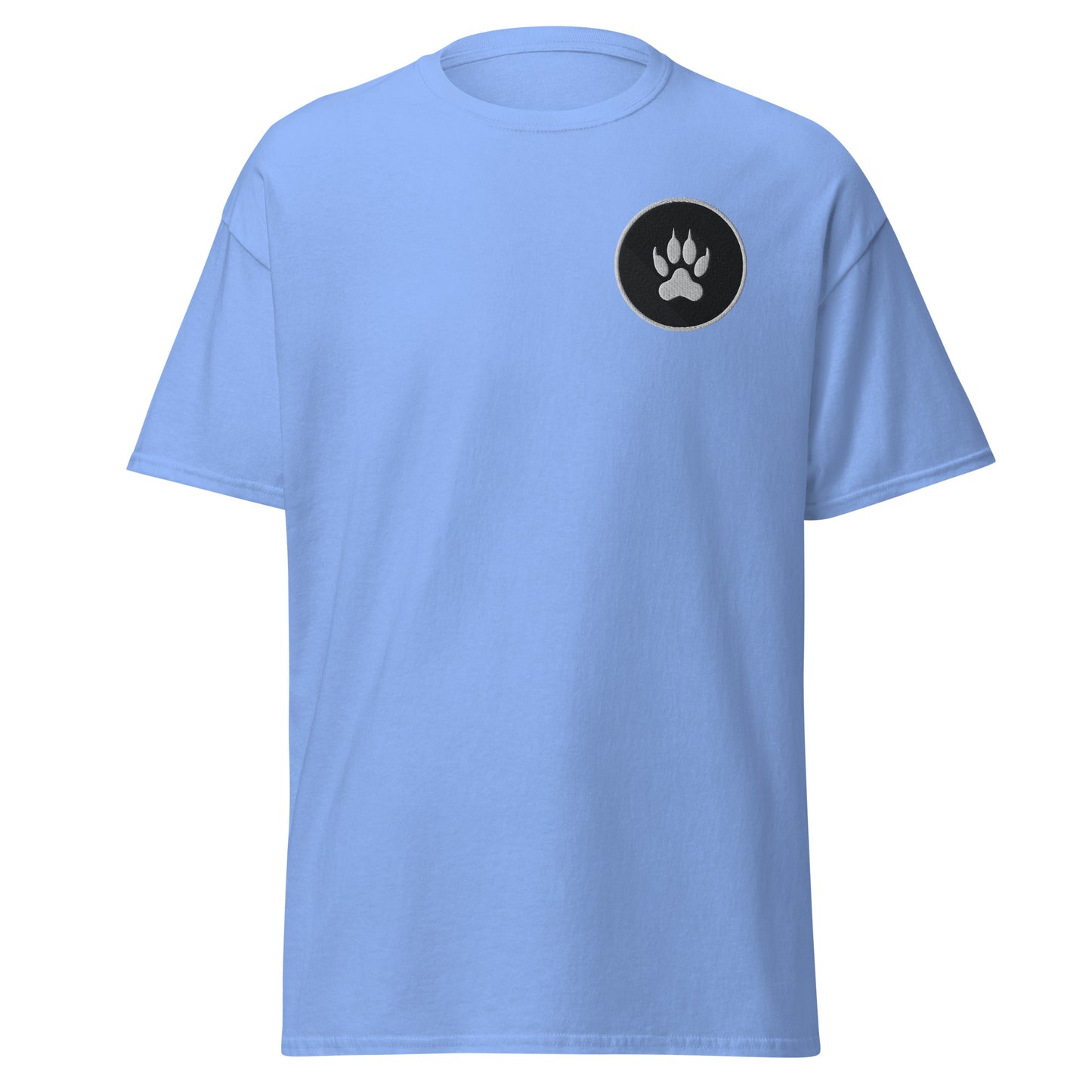 Light blue unisex t-shirt with a black paw print logo, perfect for casual wear and streetwear fashion.