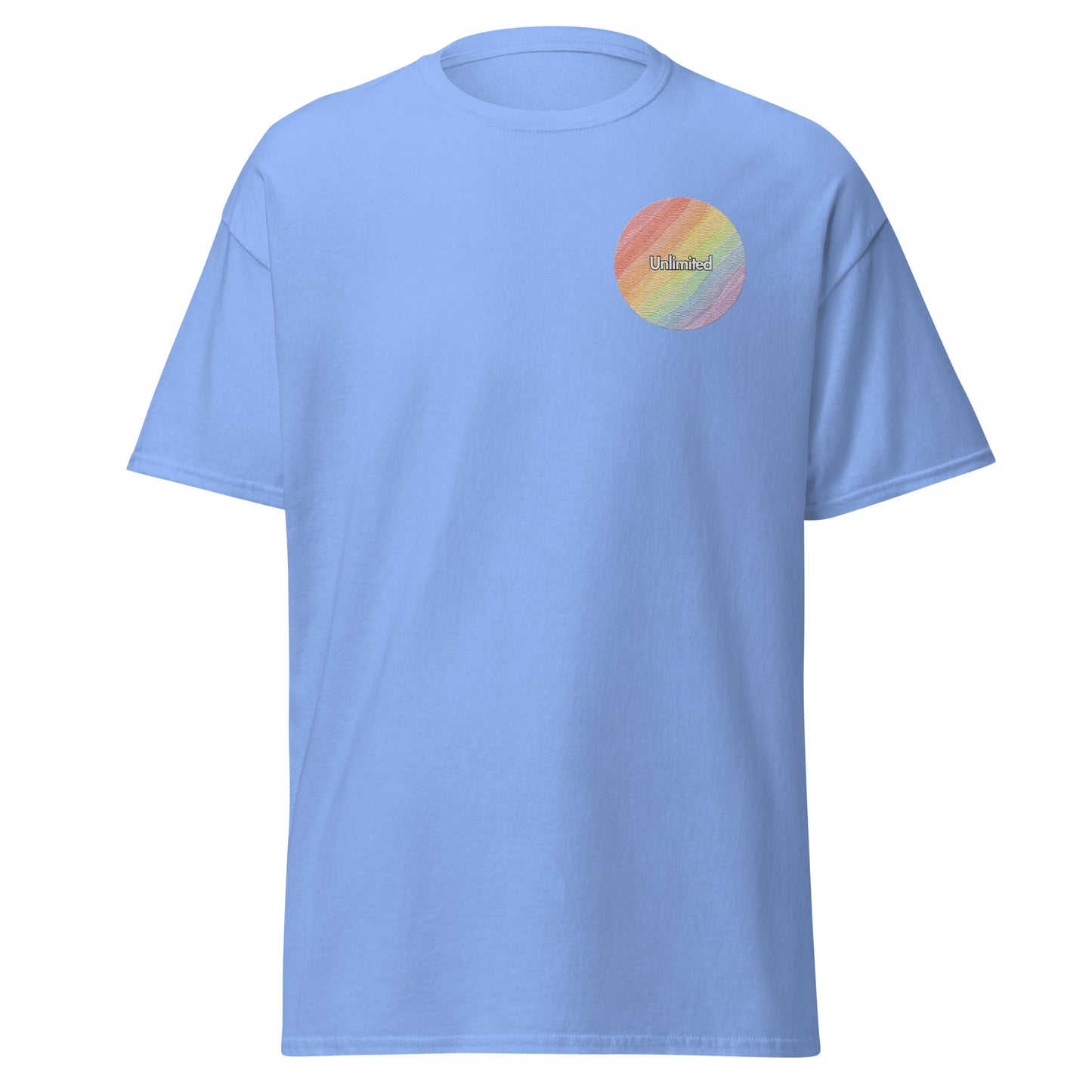 Unisex classic tee in light blue with rainbow spectrum design, minimalist eco-friendly streetwear fashion.