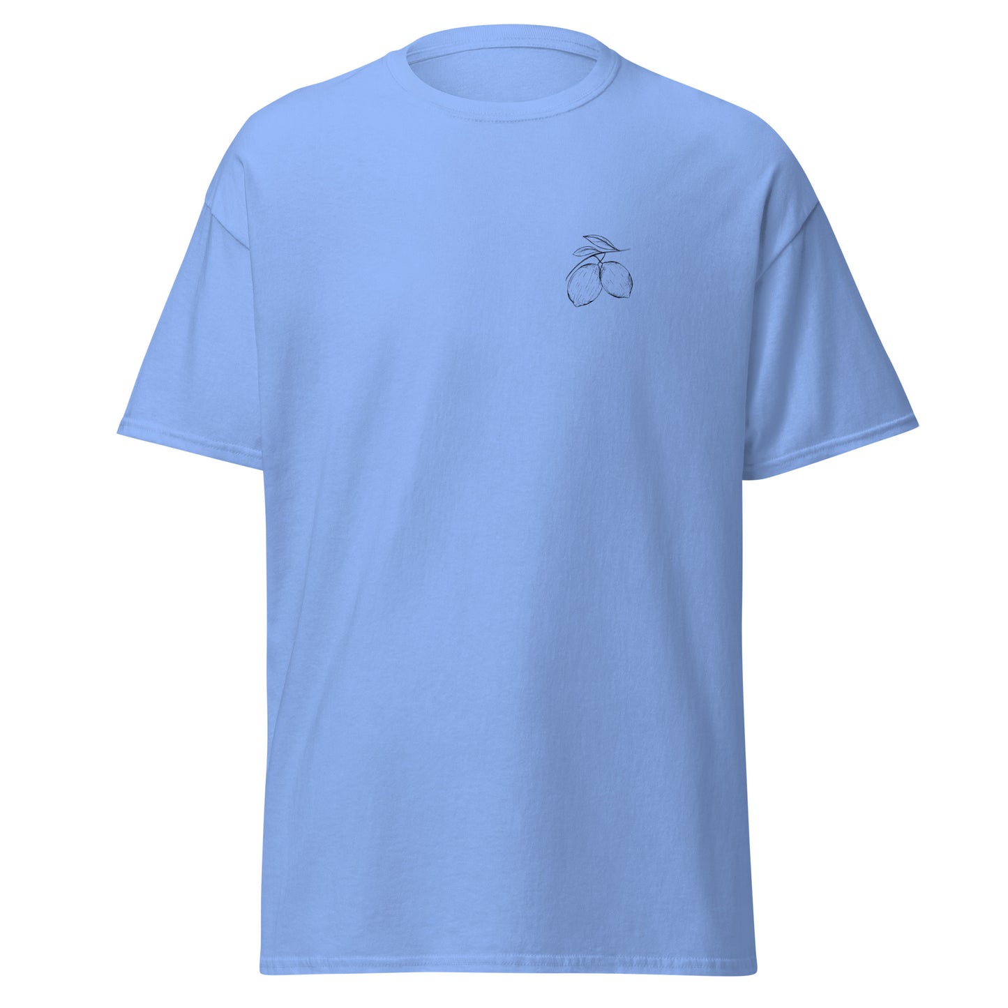 Light blue unisex T-shirt with minimalist fruit design, 100% cotton, perfect for trendy streetwear and sustainable fashion.