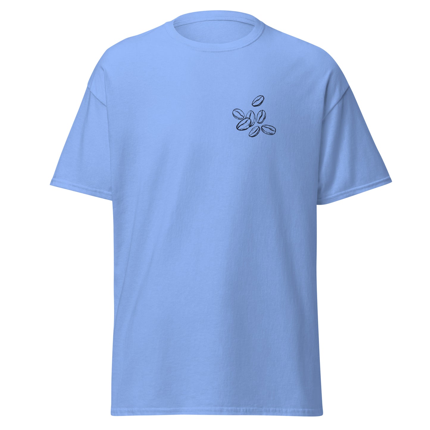 Unisex classic tee in light blue with coffee bean graphic, 100% cotton, trendy streetwear fashion, sustainable and eco-friendly design