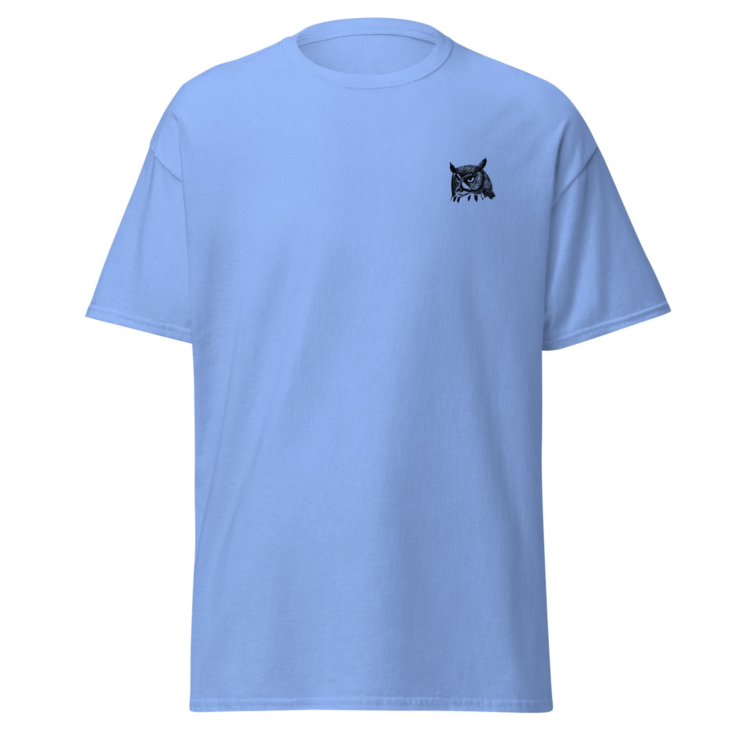 Light blue unisex tee with night owl graphic, 100% cotton, perfect for streetwear; trendy, eco-friendly fashion with unique bold design.