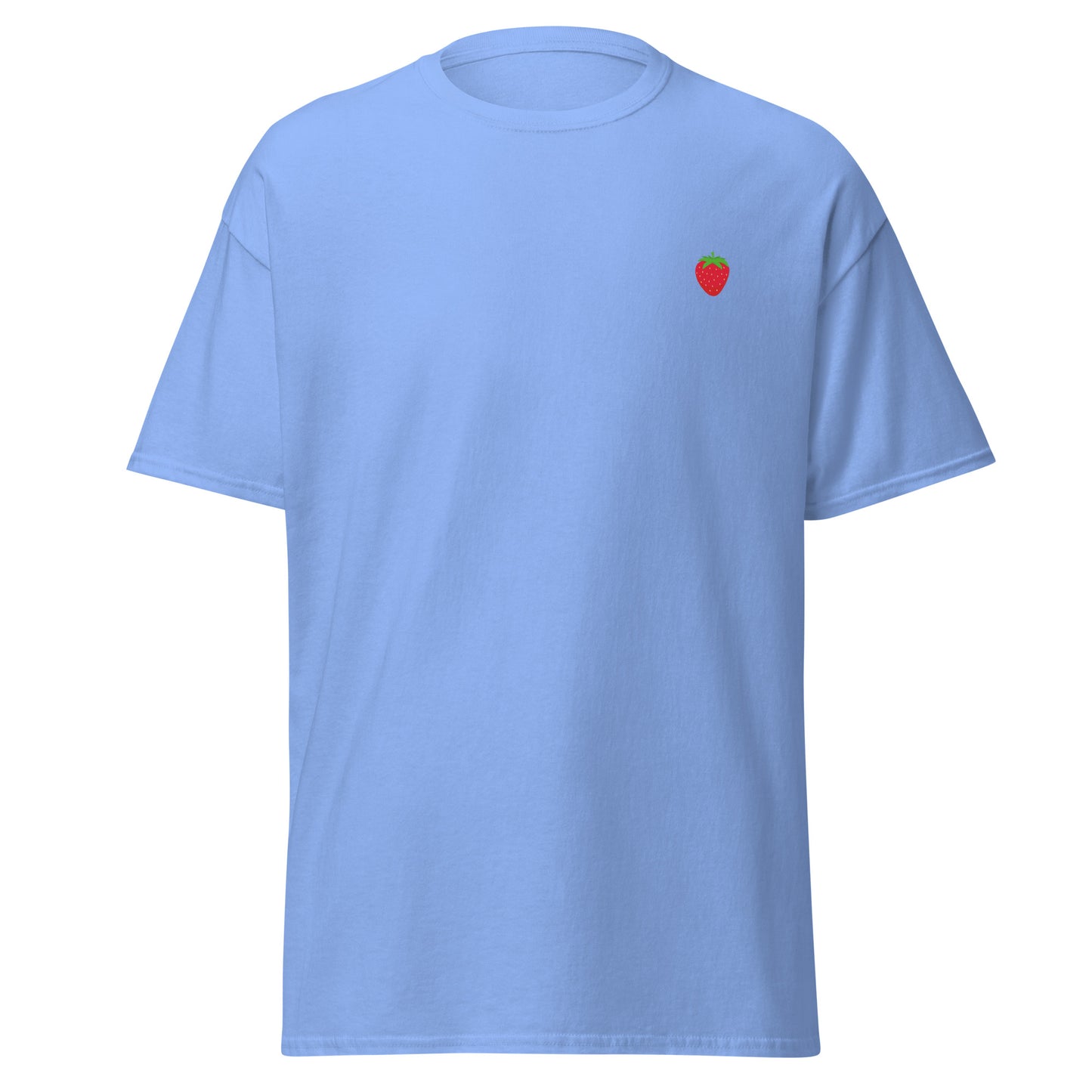 Light blue unisex classic tee with a small strawberry graphic, perfect for streetwear fashion and minimalist style lovers.