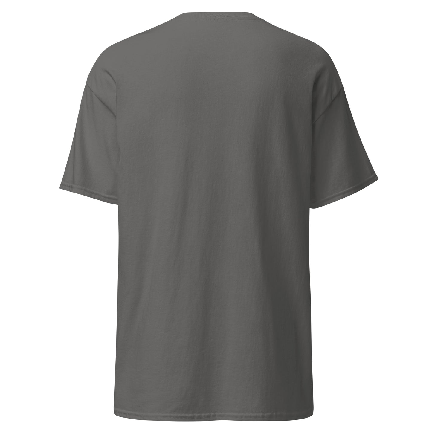 Unisex classic tee back view in charcoal gray, 100% cotton, casual fashion, eco-friendly streetwear, minimalist design.