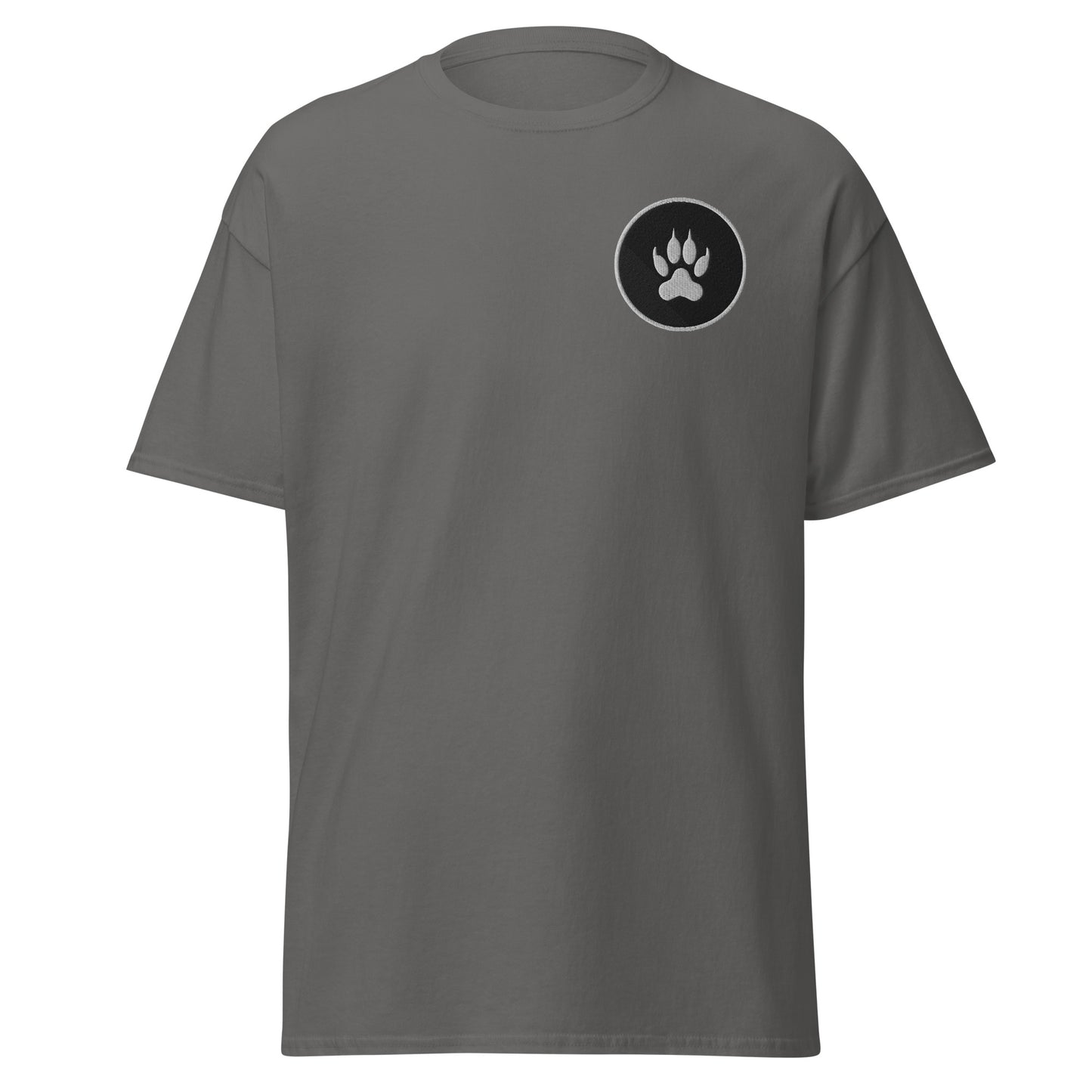 Unisex classic tee with paw print design, eco-friendly streetwear in dark grey, 100% cotton, perfect for trendy, casual outfits.