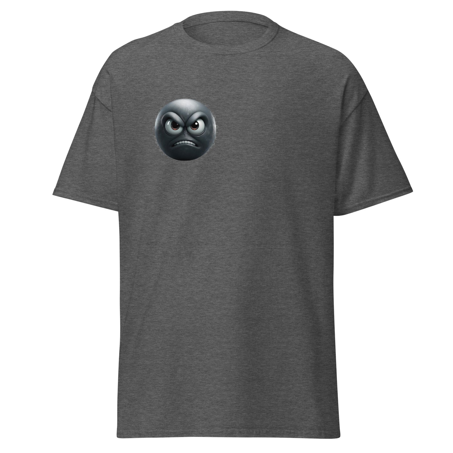 Unisex cotton tee with annoyed mood emoji, trendy streetwear fashion, bold graphic design, sustainable casual wear.